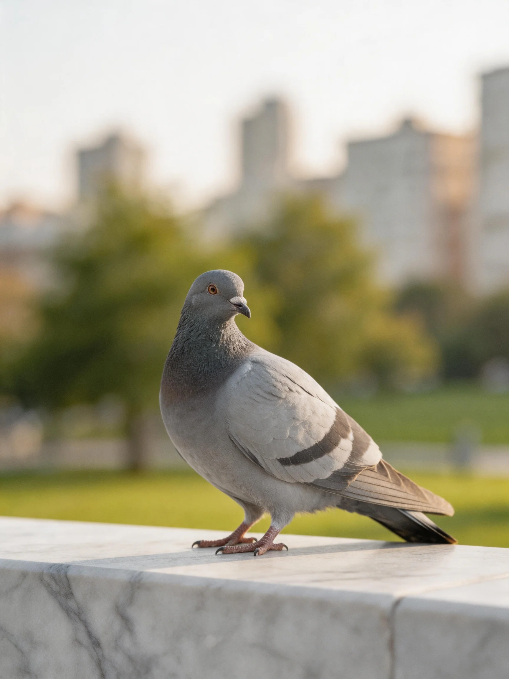 A gray pigeon rests on a white marble ledge in an urban park.