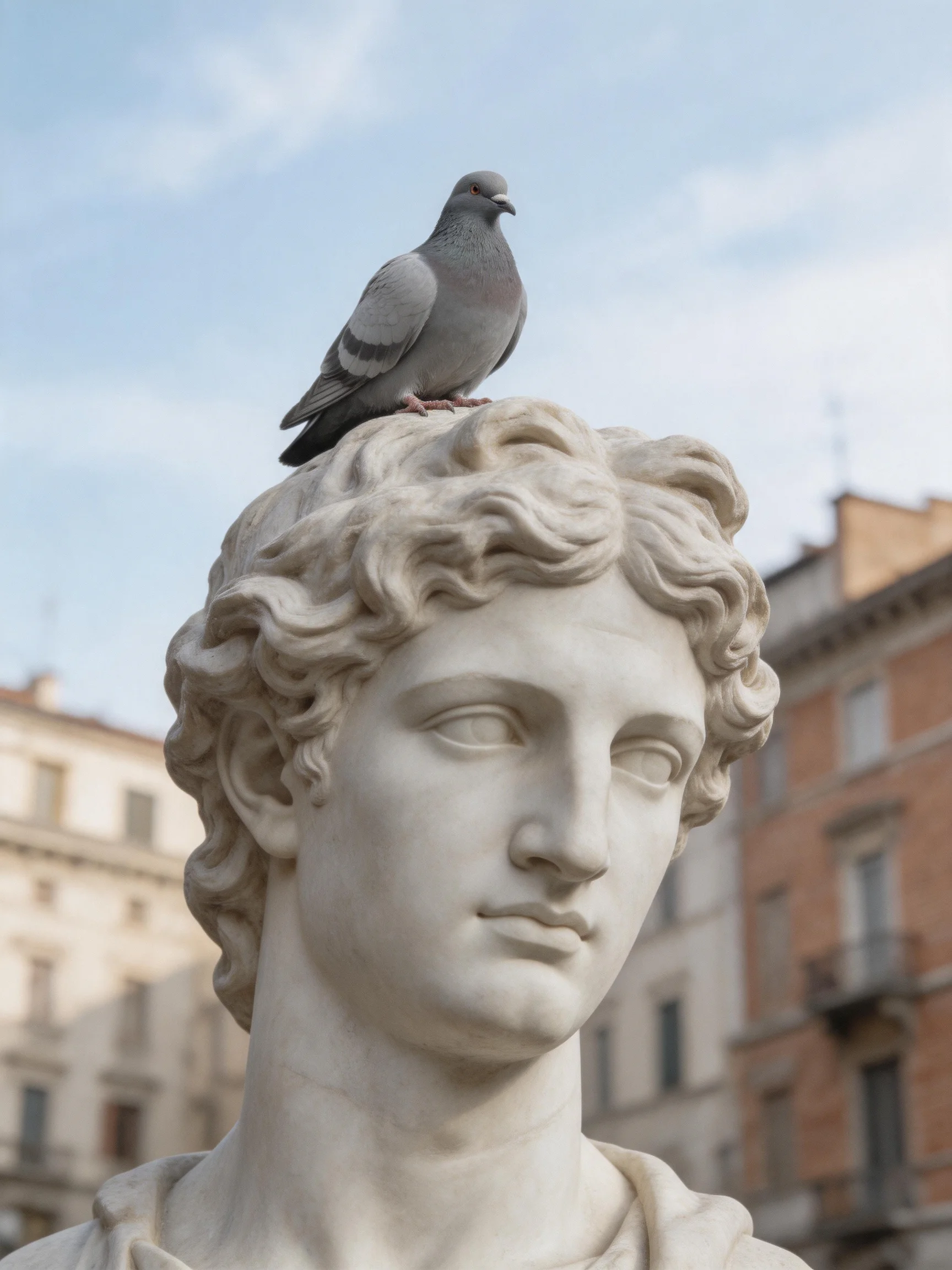 Gray pigeon perched on white marble statue near urban buildings