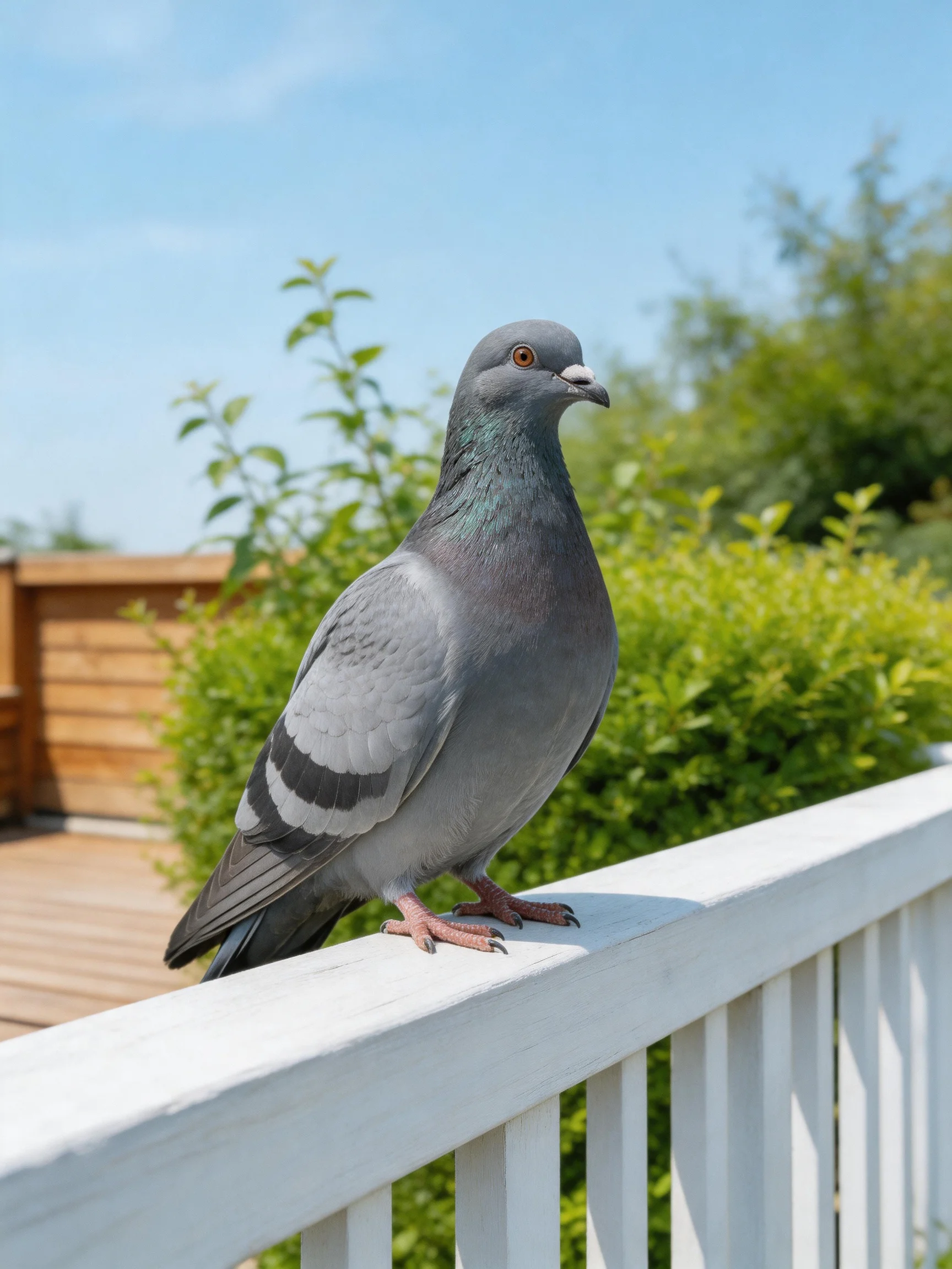 Gray pigeon perched on white railing near lush greenery