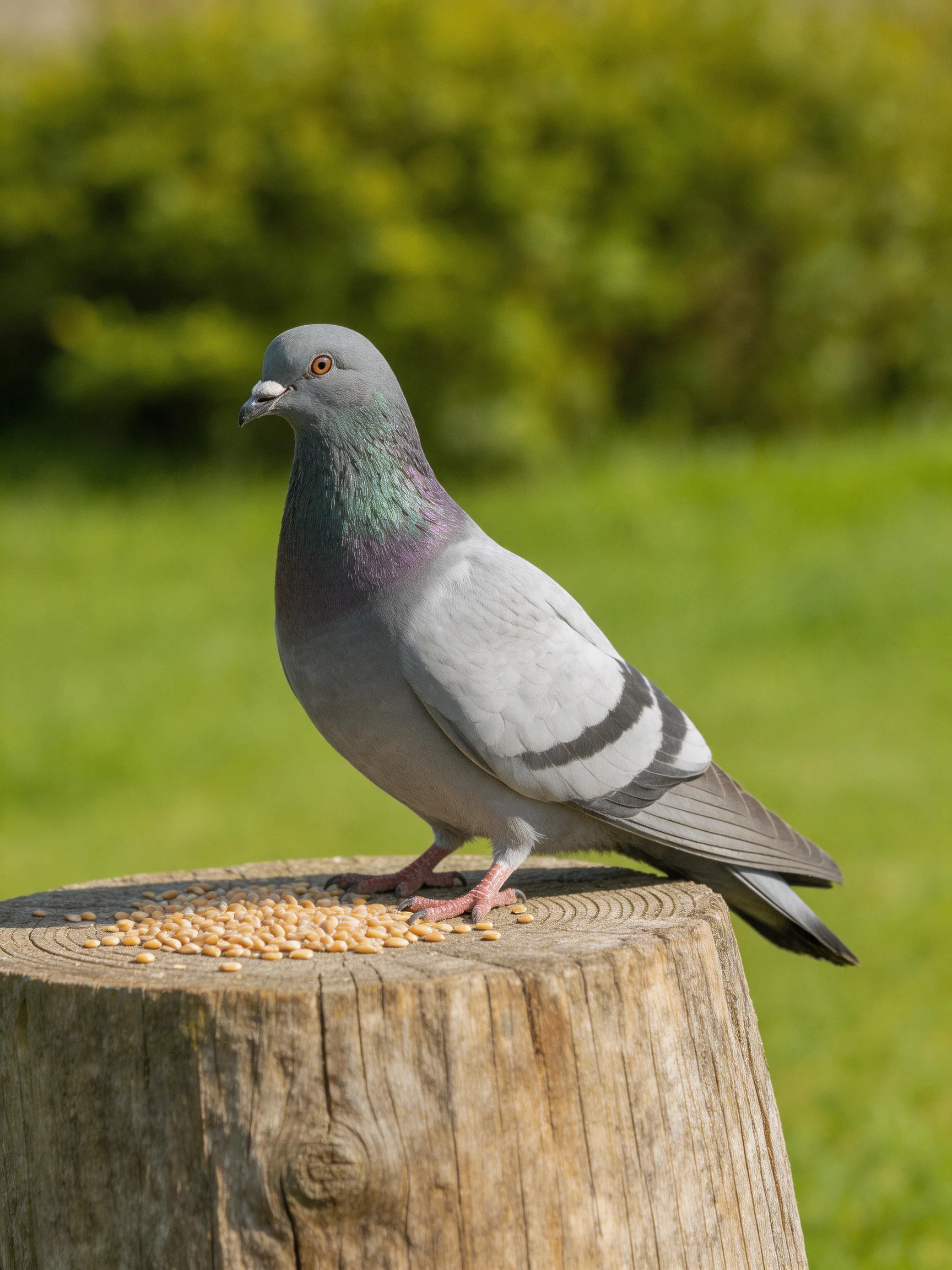 Gray pigeon perched on wooden post with scattered seeds