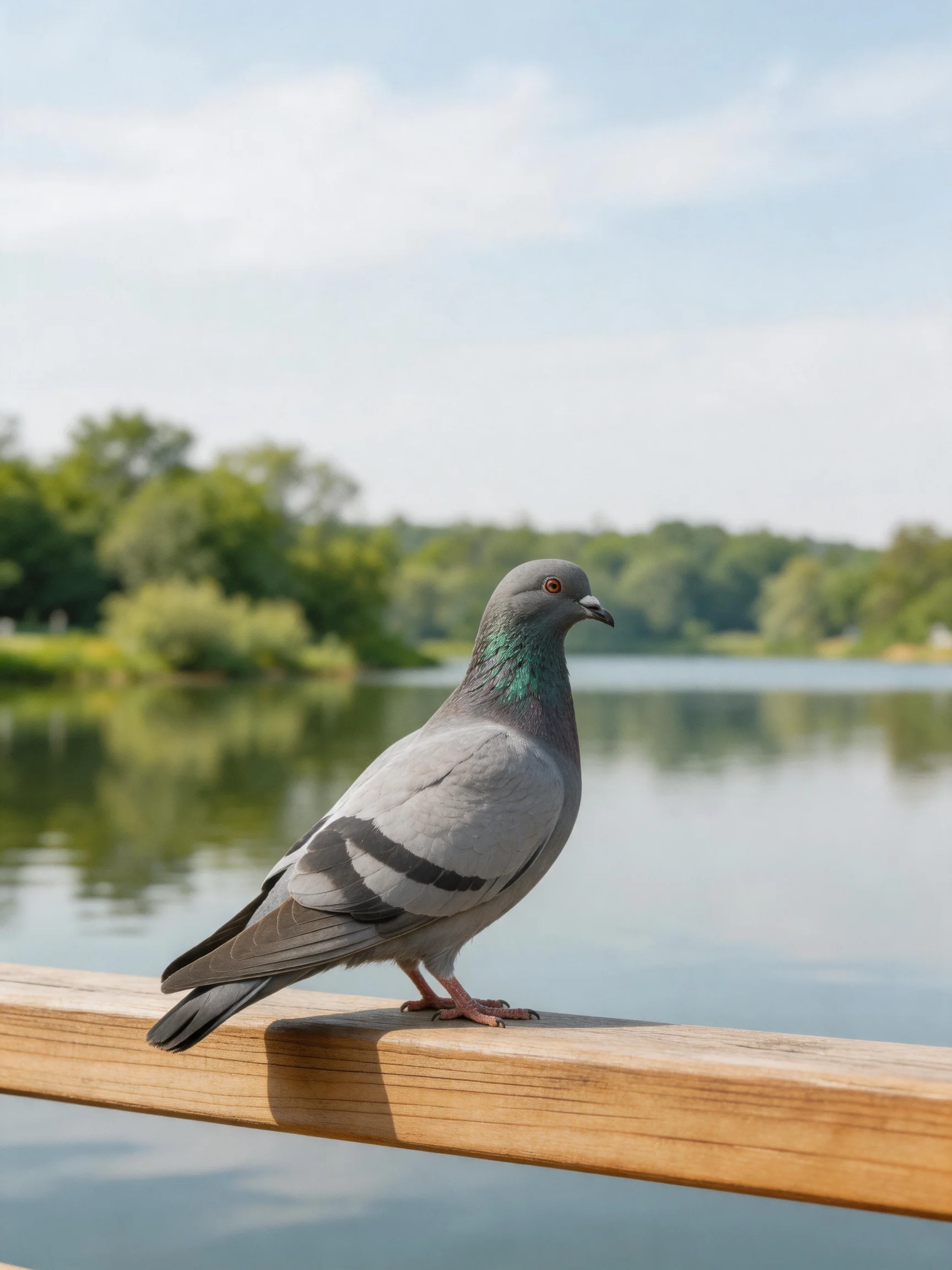 Gray pigeon perched on wooden railing by calm lake