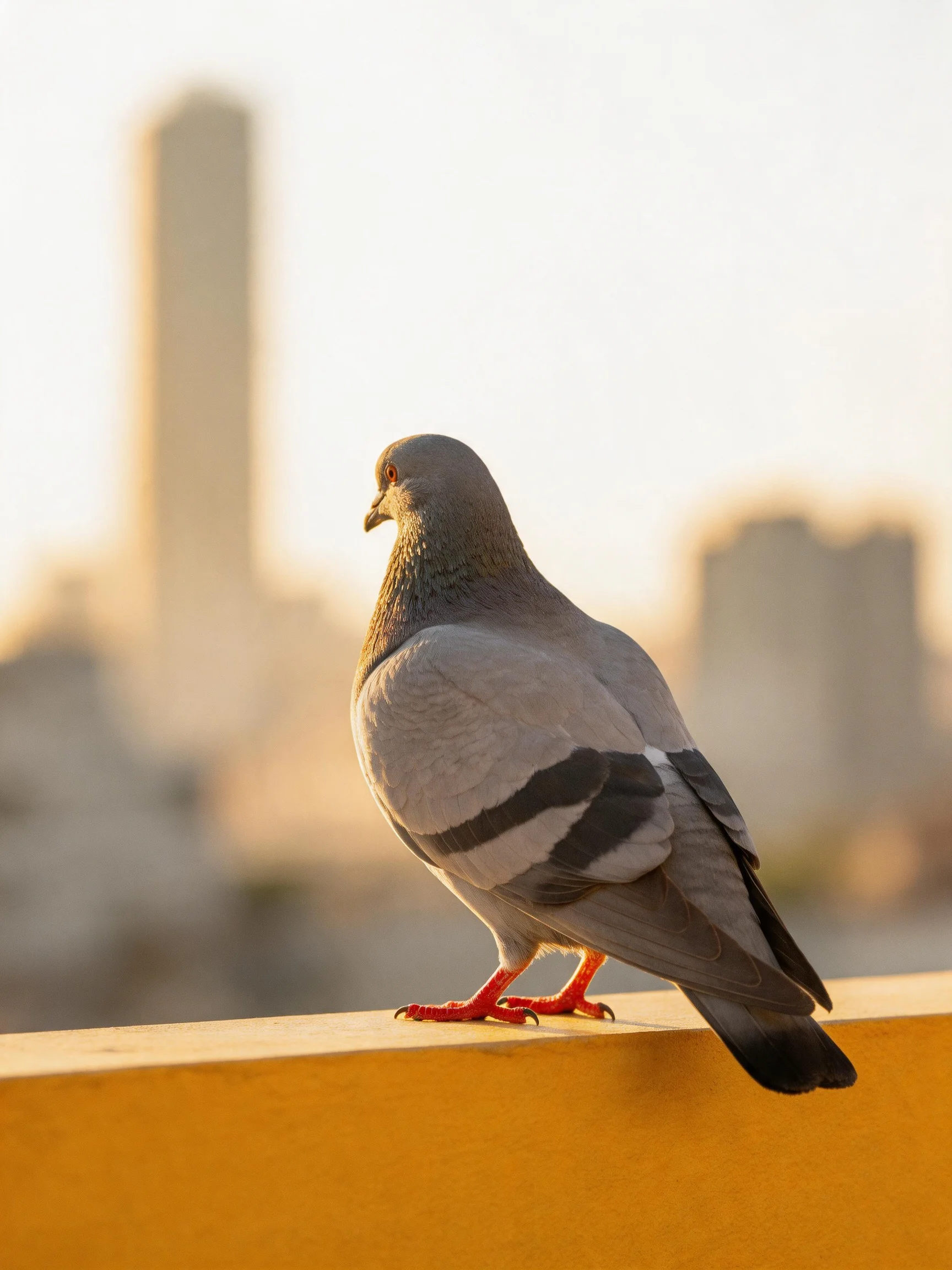 Gray pigeon perched on yellow ledge with blurred city skyscrapers