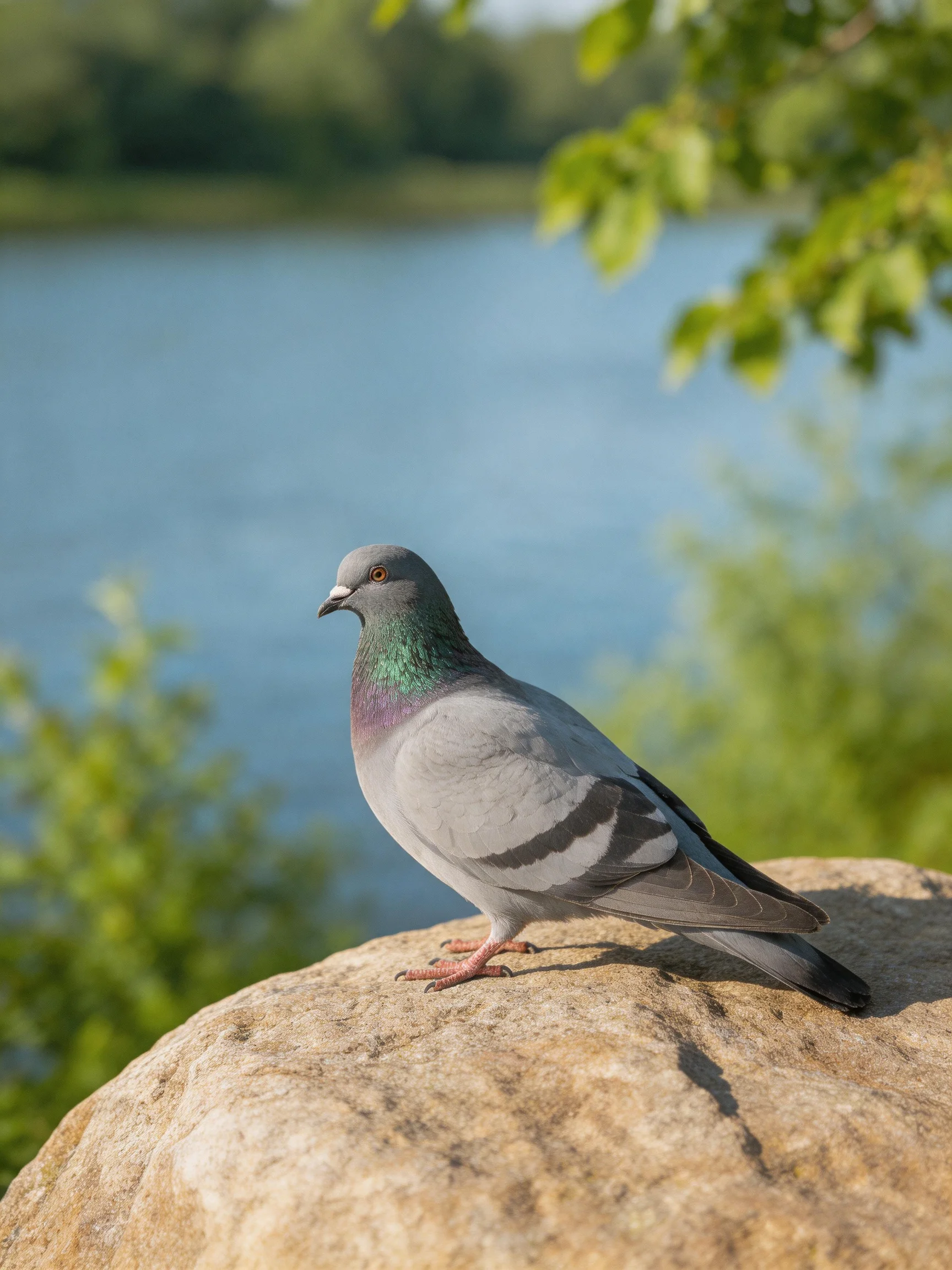 Gray pigeon resting on a large stone near a calm blue lake