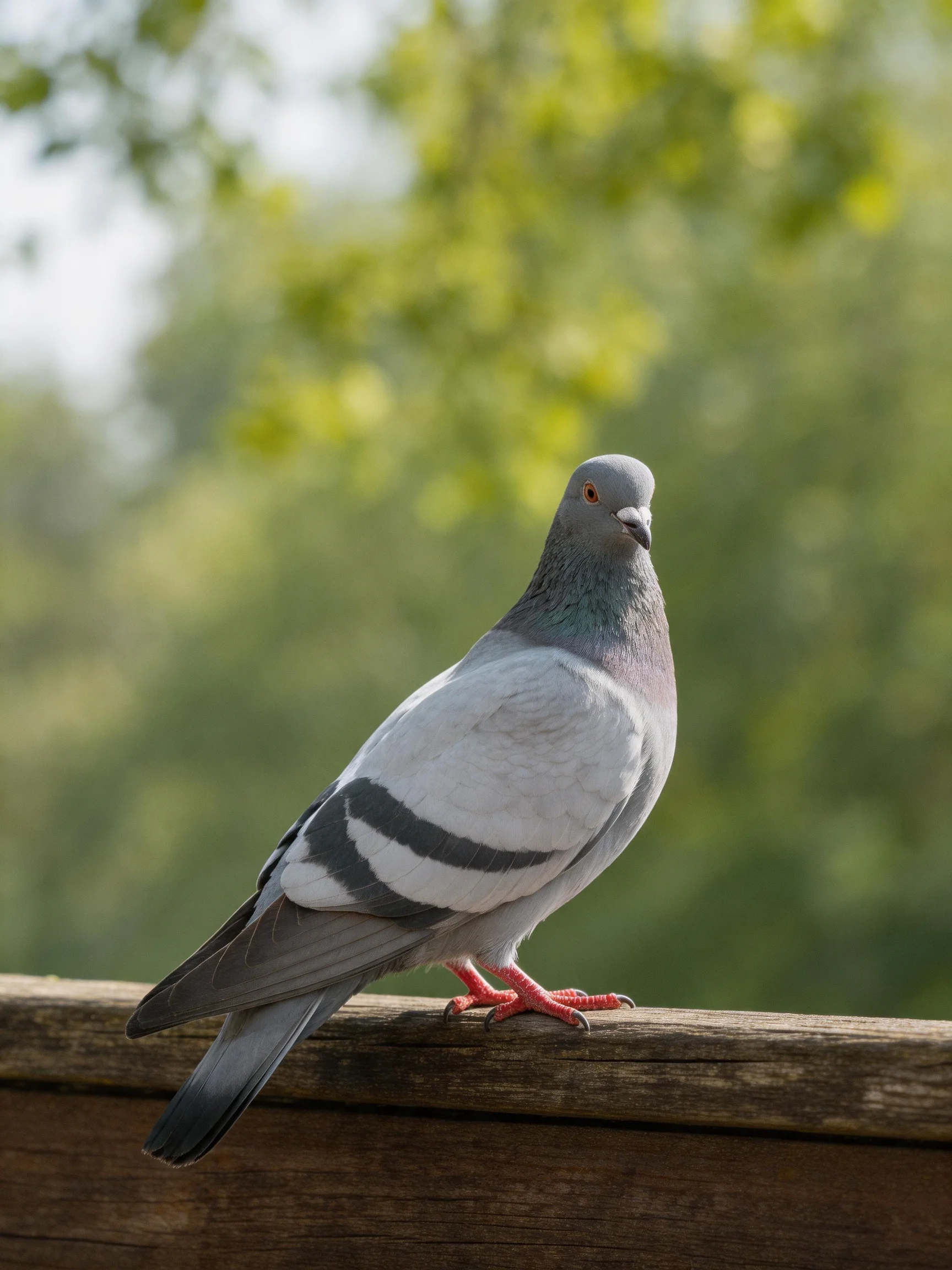 Gray pigeon resting on weathered wooden fence with green foliage