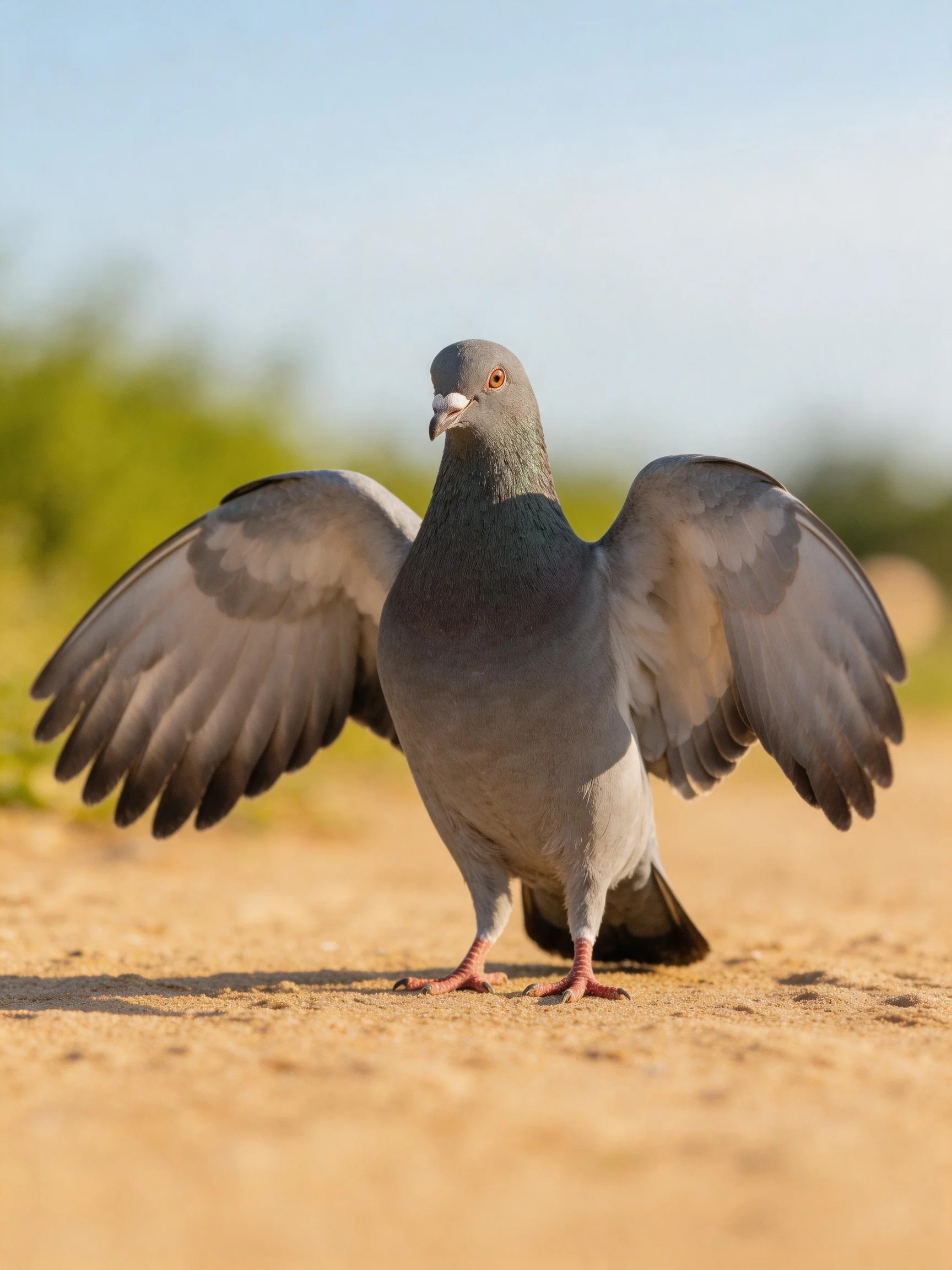 A gray pigeon spreads its wings on a dirt path.