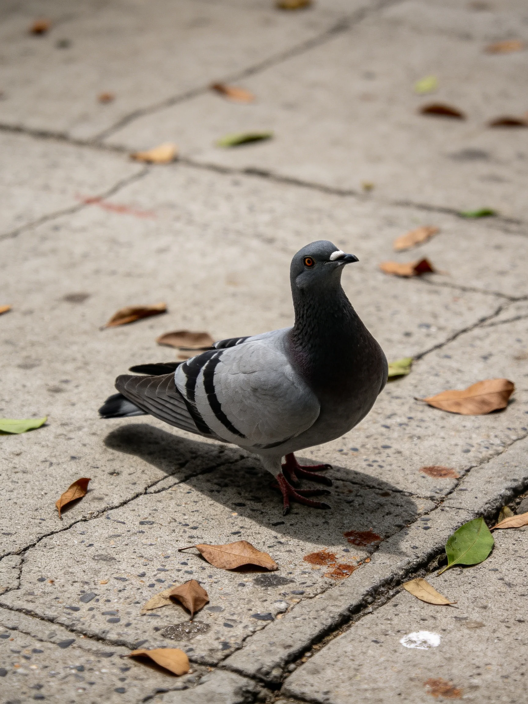 Gray pigeon with black markings on a leaf-littered concrete path