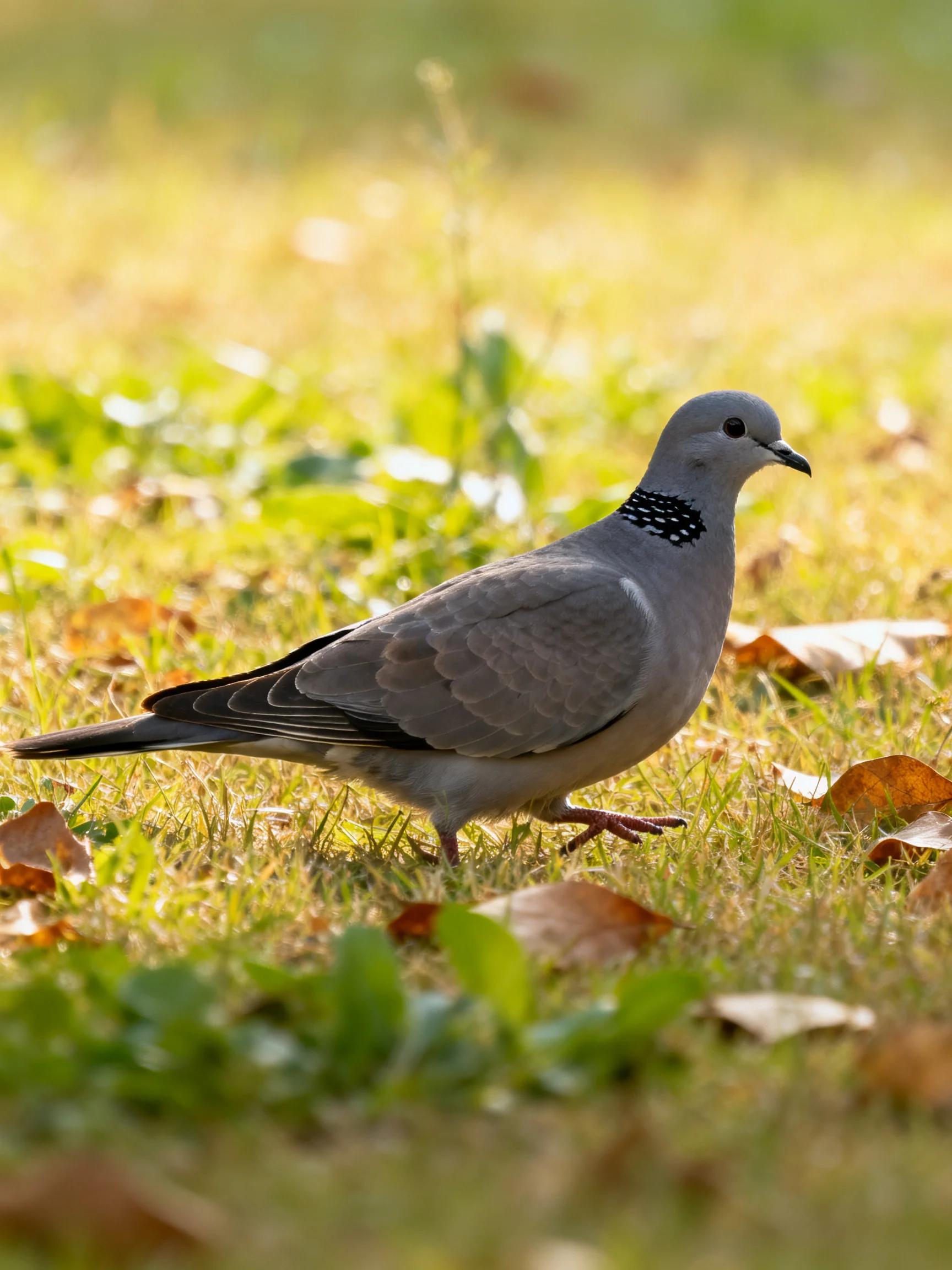 A gray pigeon with a black-spotted neck moves through grass scattered with dry leaves.