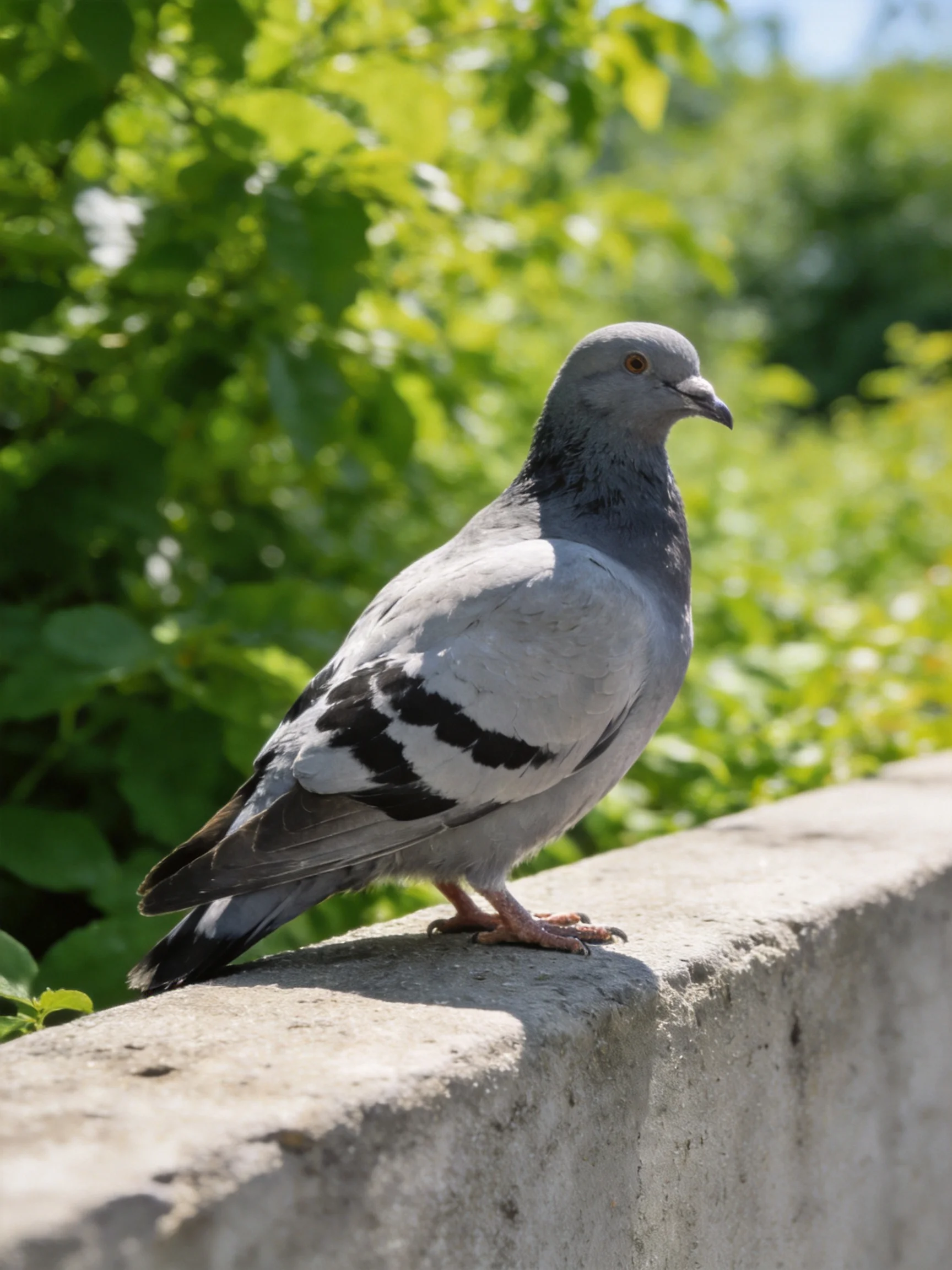 Gray pigeon with black wing patches perched on concrete ledge near greenery