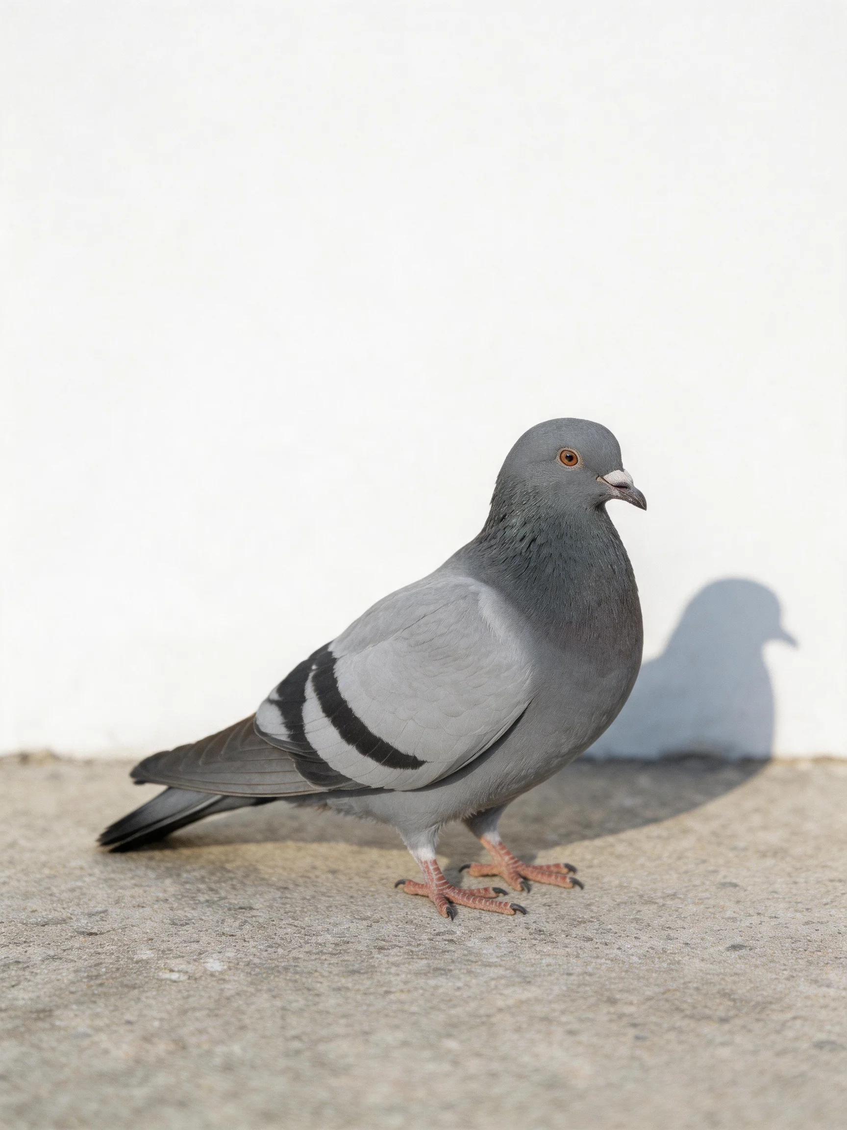 Gray pigeon with black wing stripes on concrete near white wall