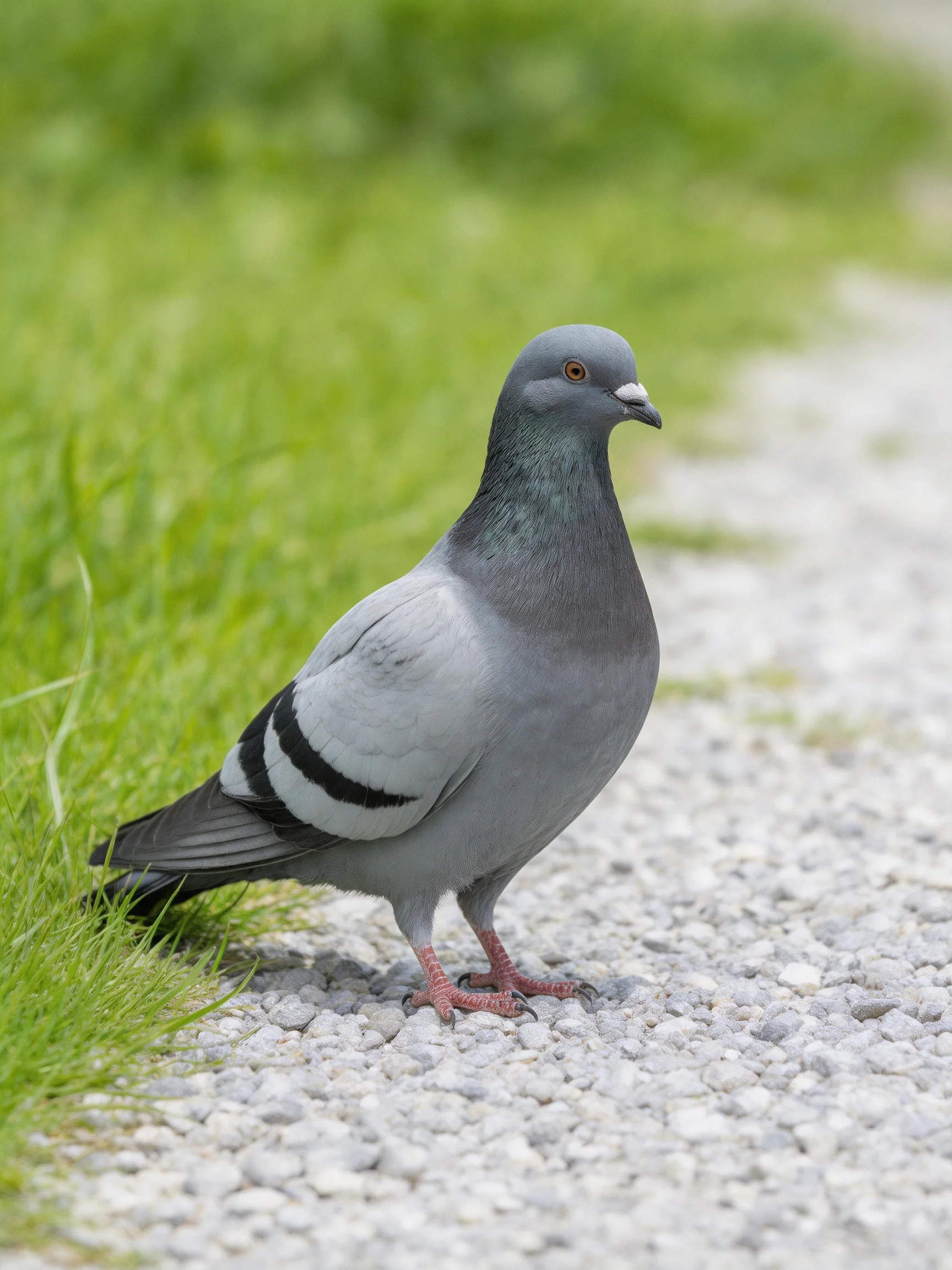 Gray pigeon with black wing stripes on gravel near green grass
