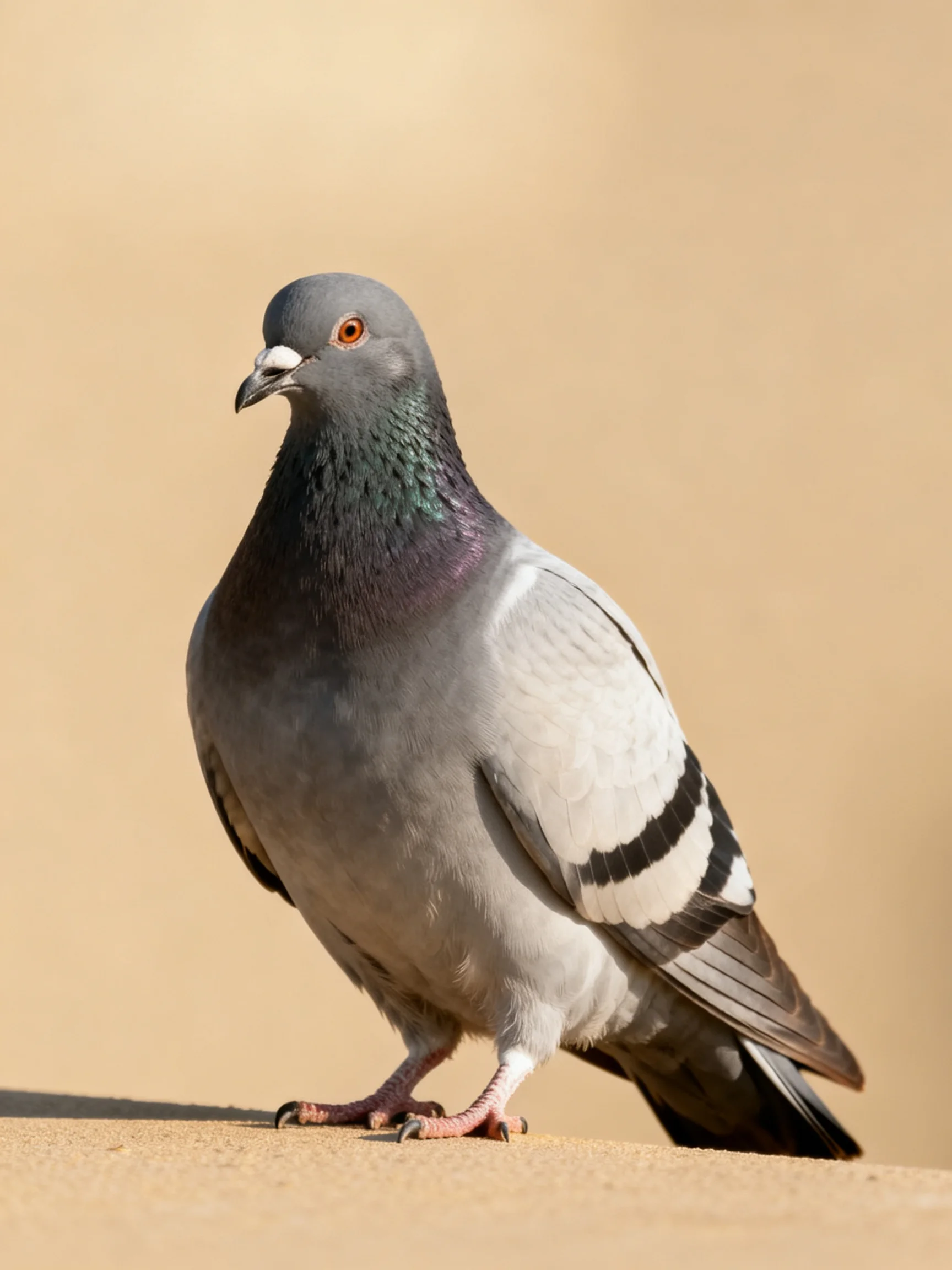 Gray pigeon with black wing stripes on sandy surface