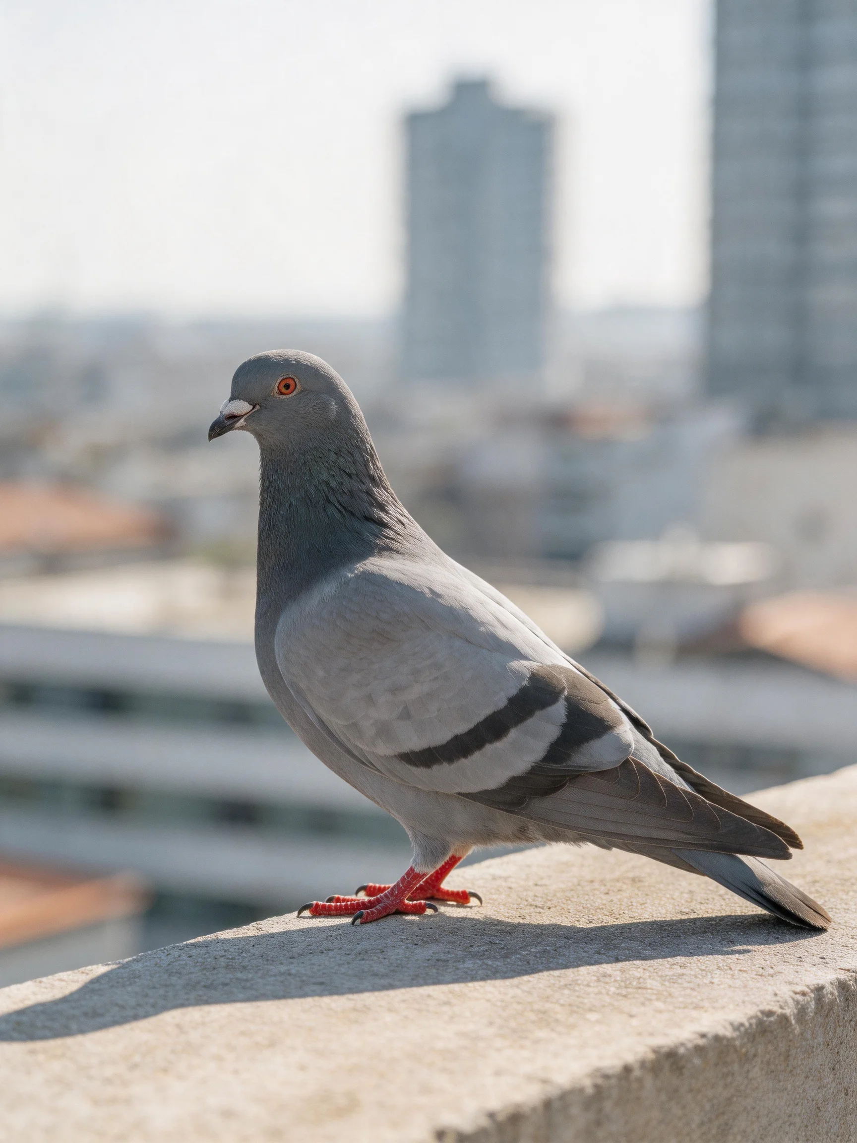 Gray pigeon with black wing stripes perched on concrete ledge near city buildings