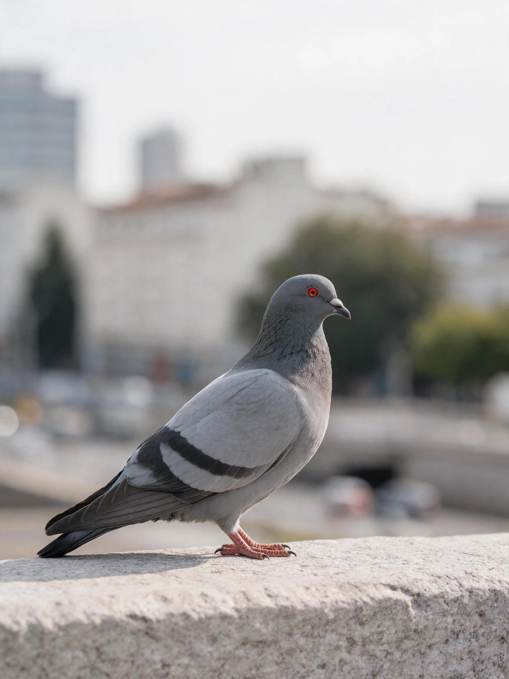 Gray pigeon with black wing stripes perched on stone ledge near city buildings