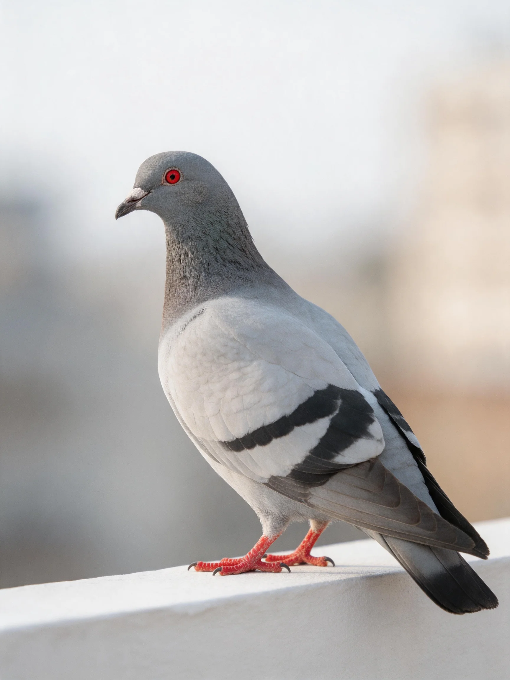 Gray pigeon with black wing stripes perched on white ledge