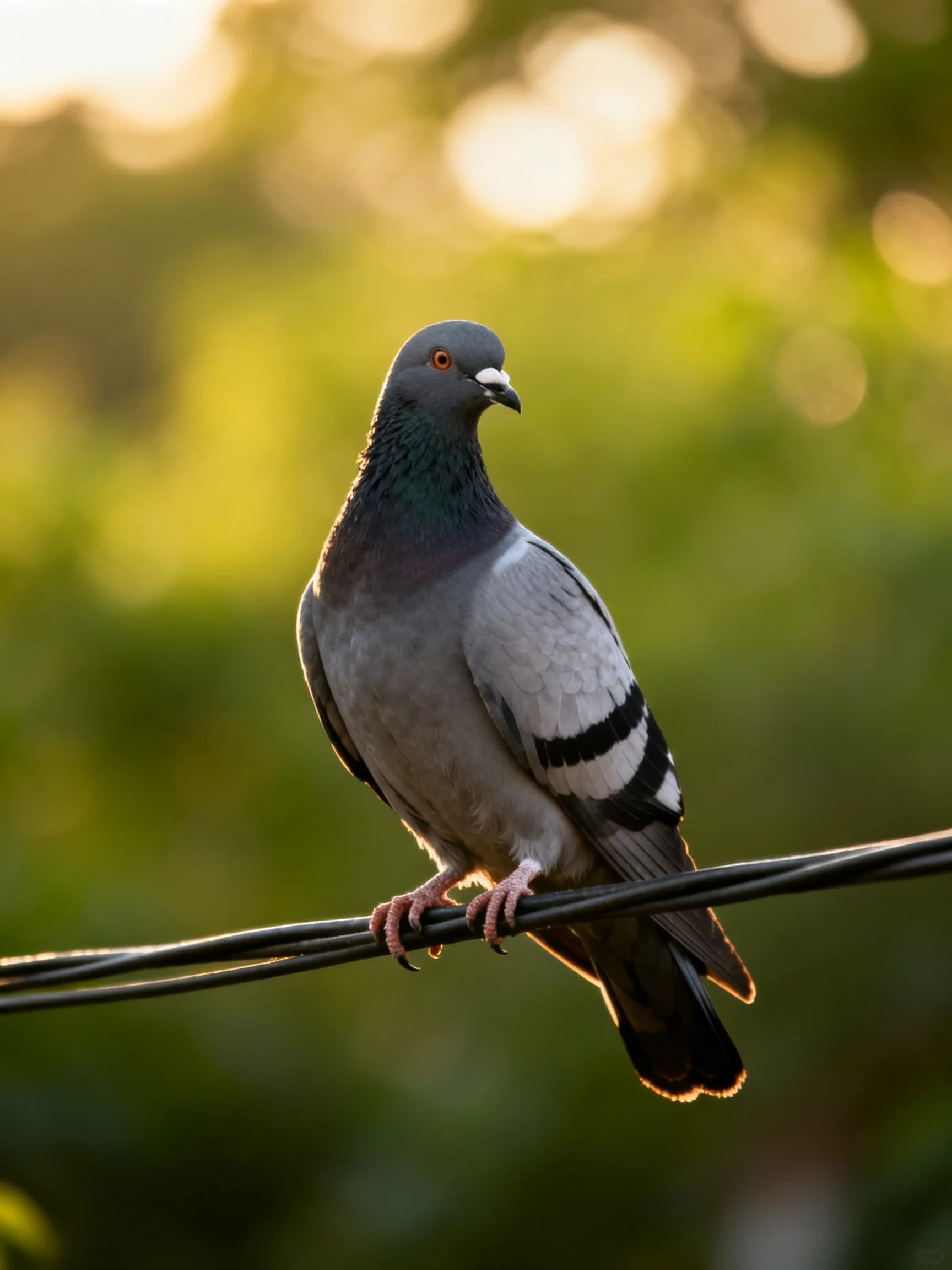 Gray pigeon with black wing stripes perched on wires near green bokeh