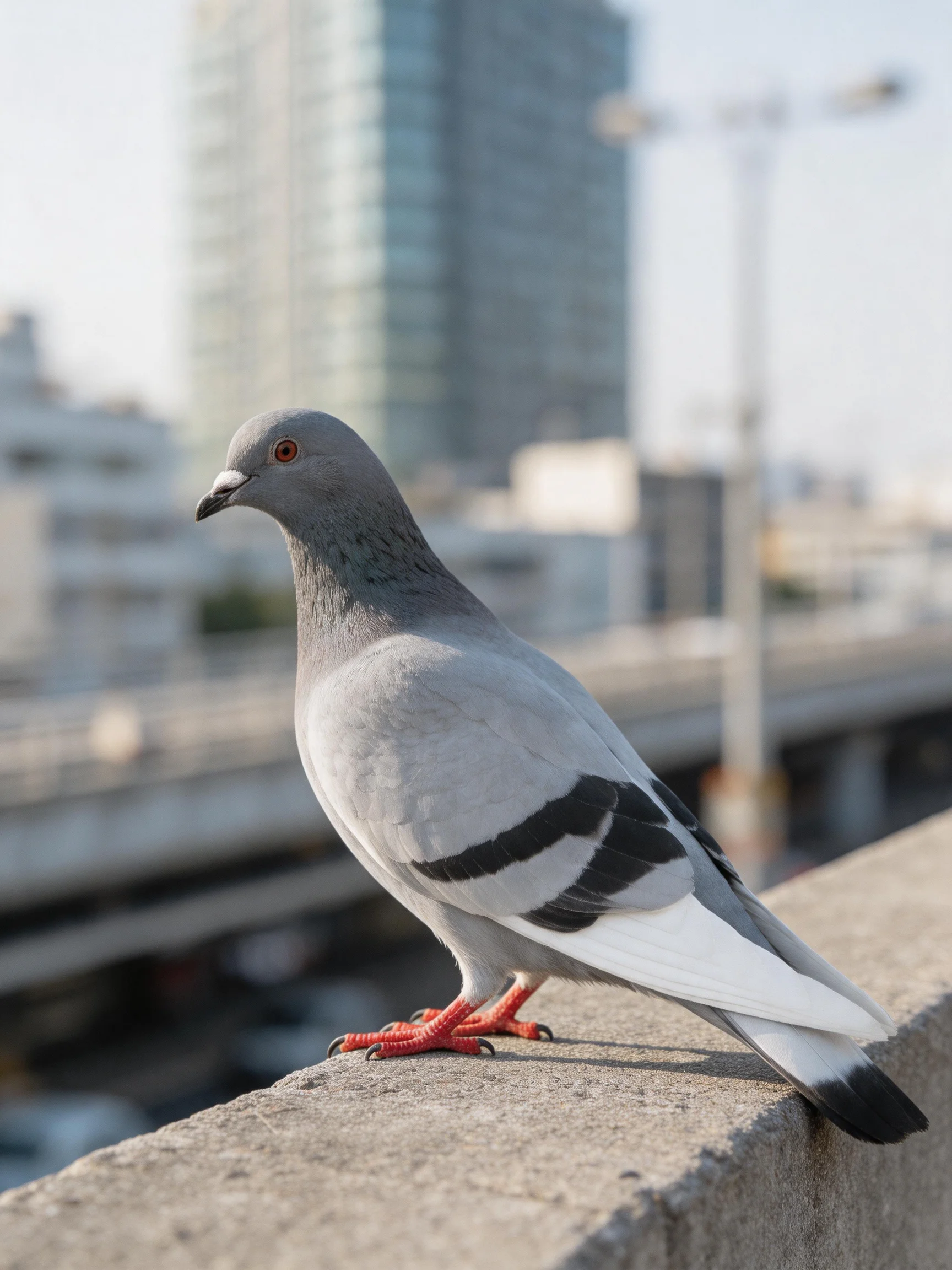 Gray pigeon with black wing stripes perches on concrete ledge near city buildings