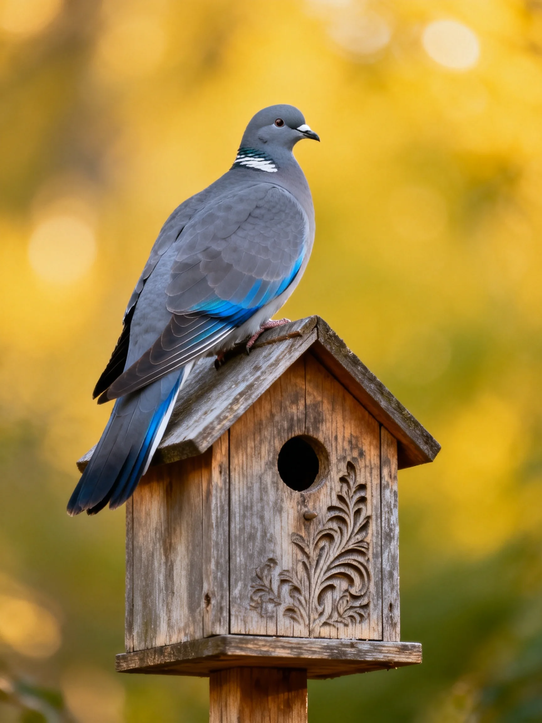 Gray pigeon with blue wing patches perches on an ornate wooden birdhouse