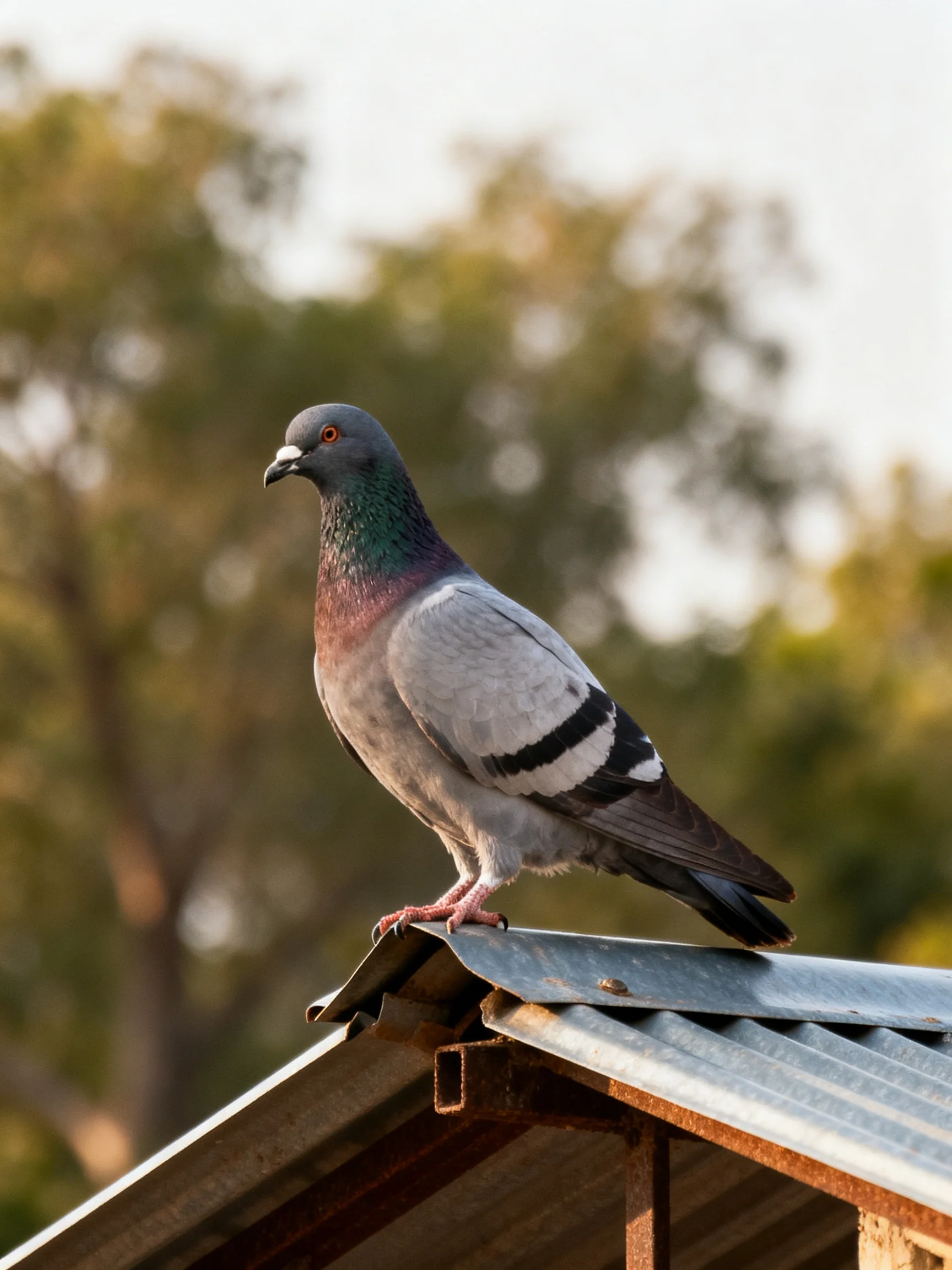 Gray pigeon with colorful plumage perched on metal roof near trees