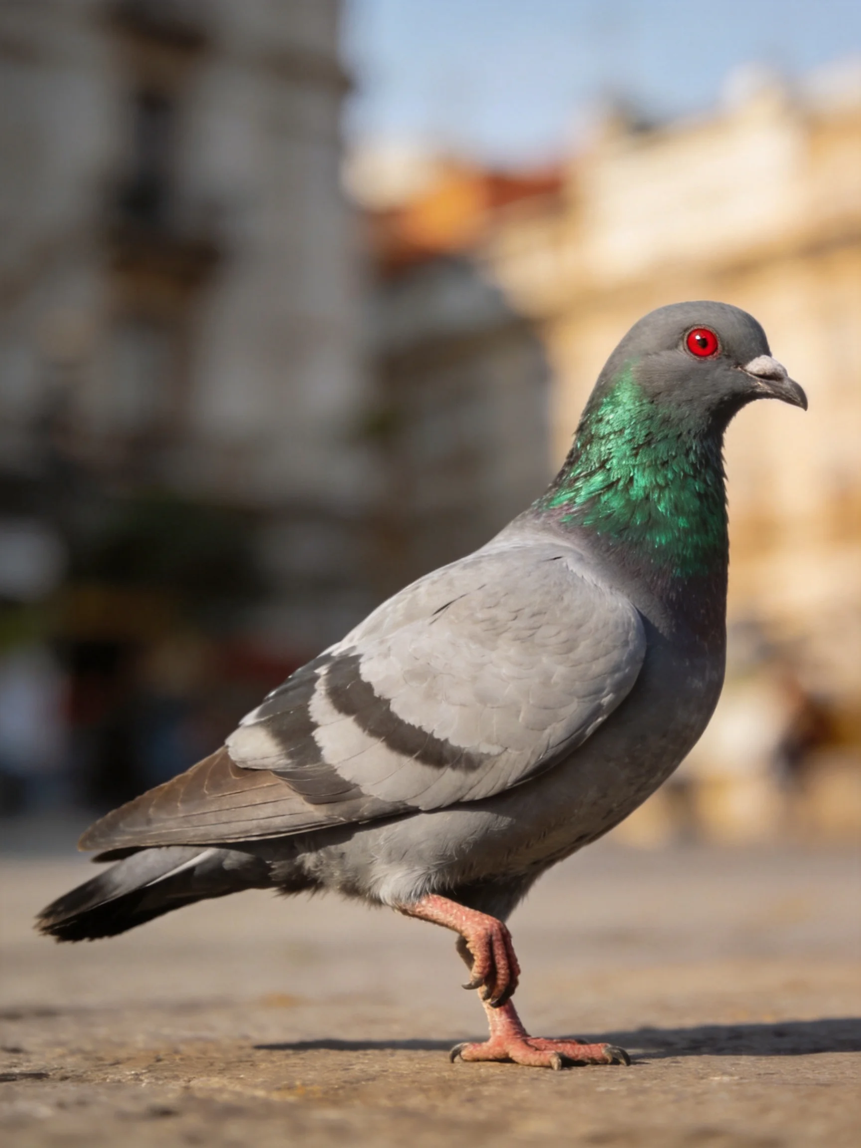 Gray pigeon with emerald neck and red eye on urban pavement