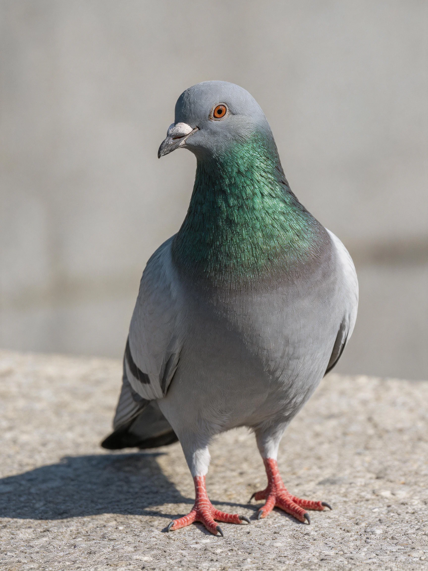 Gray pigeon with emerald neck and red feet on concrete