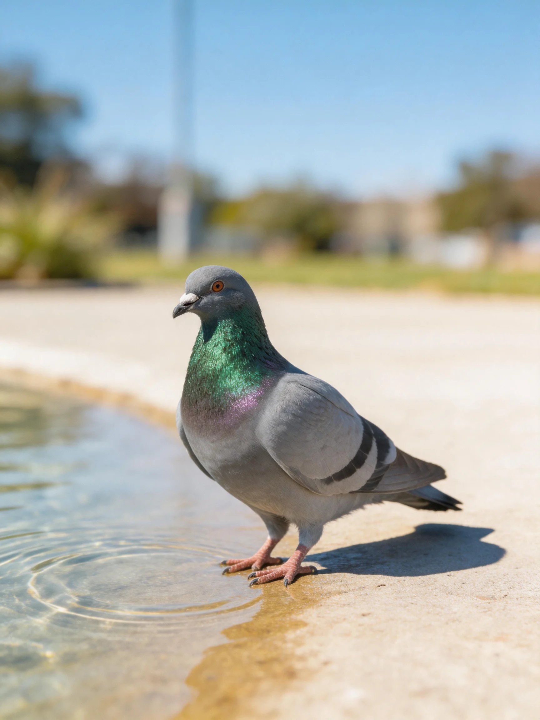 Gray pigeon with emerald neck by calm water