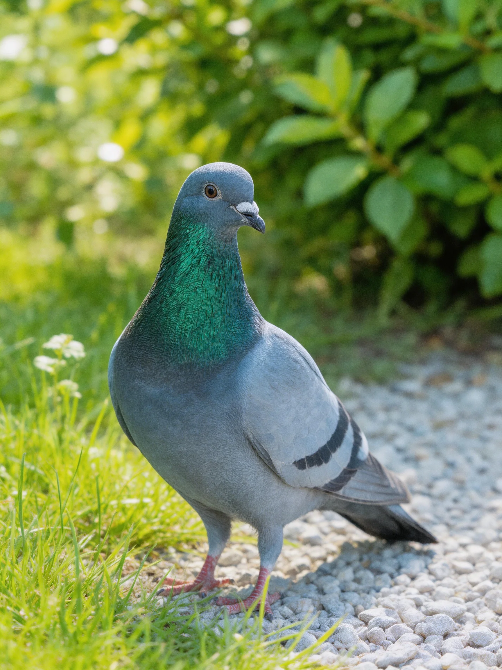Gray pigeon with emerald neck on gravel path amid greenery