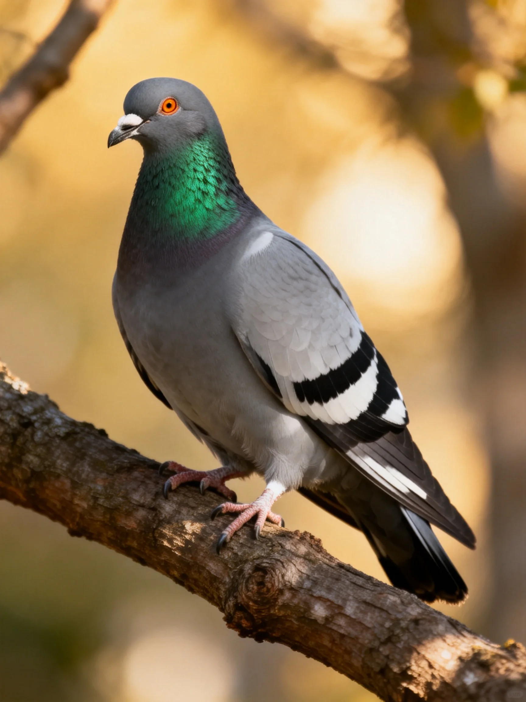 Gray pigeon with emerald neck perched on brown tree branch