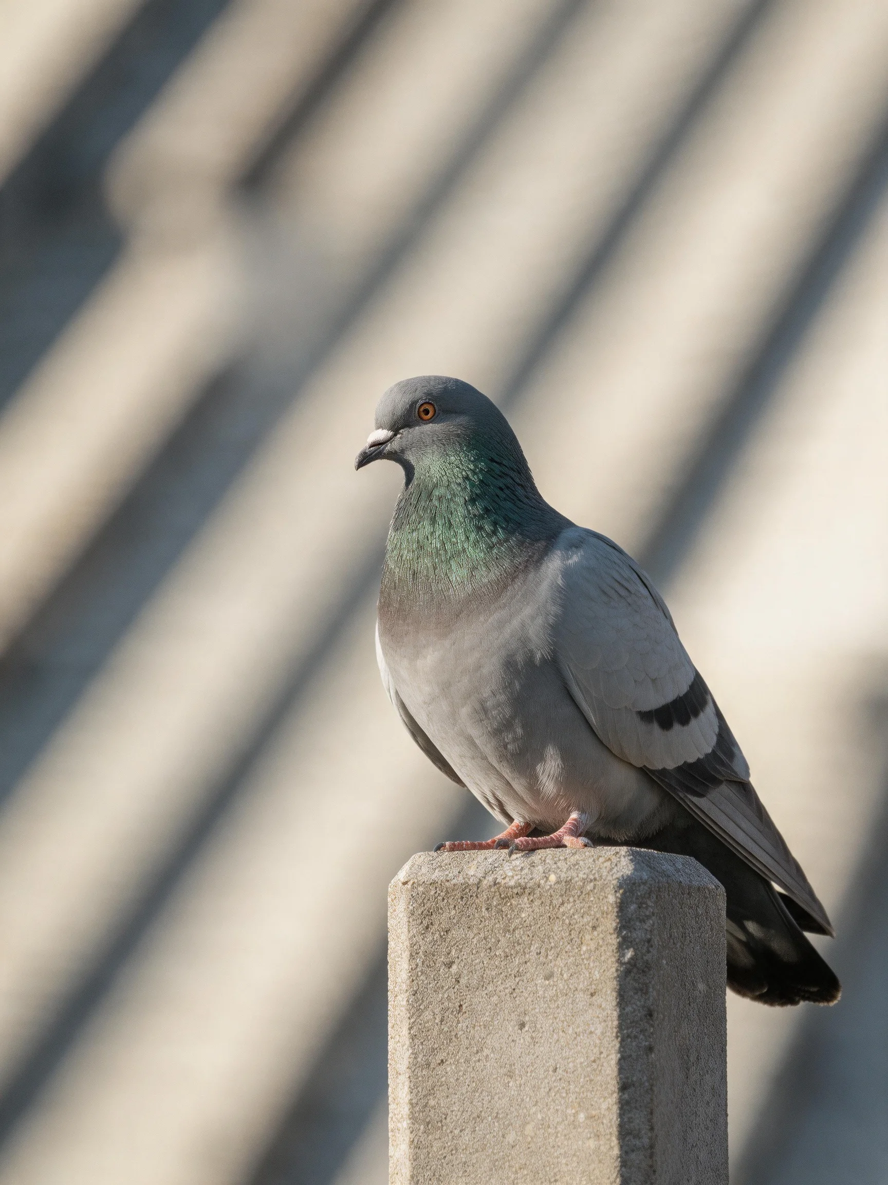 Gray pigeon with emerald neck perched on concrete post