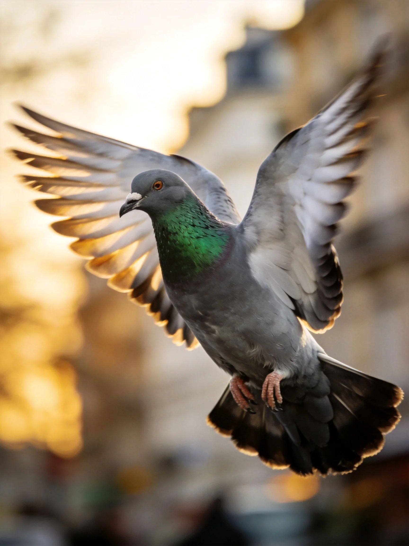 Gray pigeon with emerald neck soars mid-air under golden light
