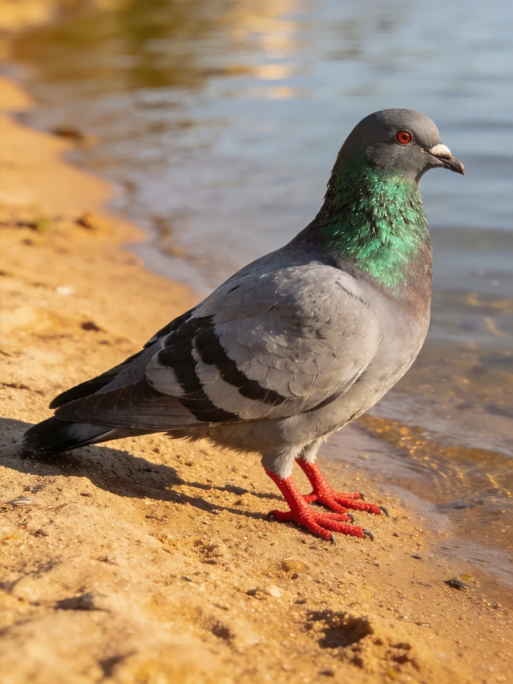 Gray pigeon with emerald neck standing on sandy shore by calm water