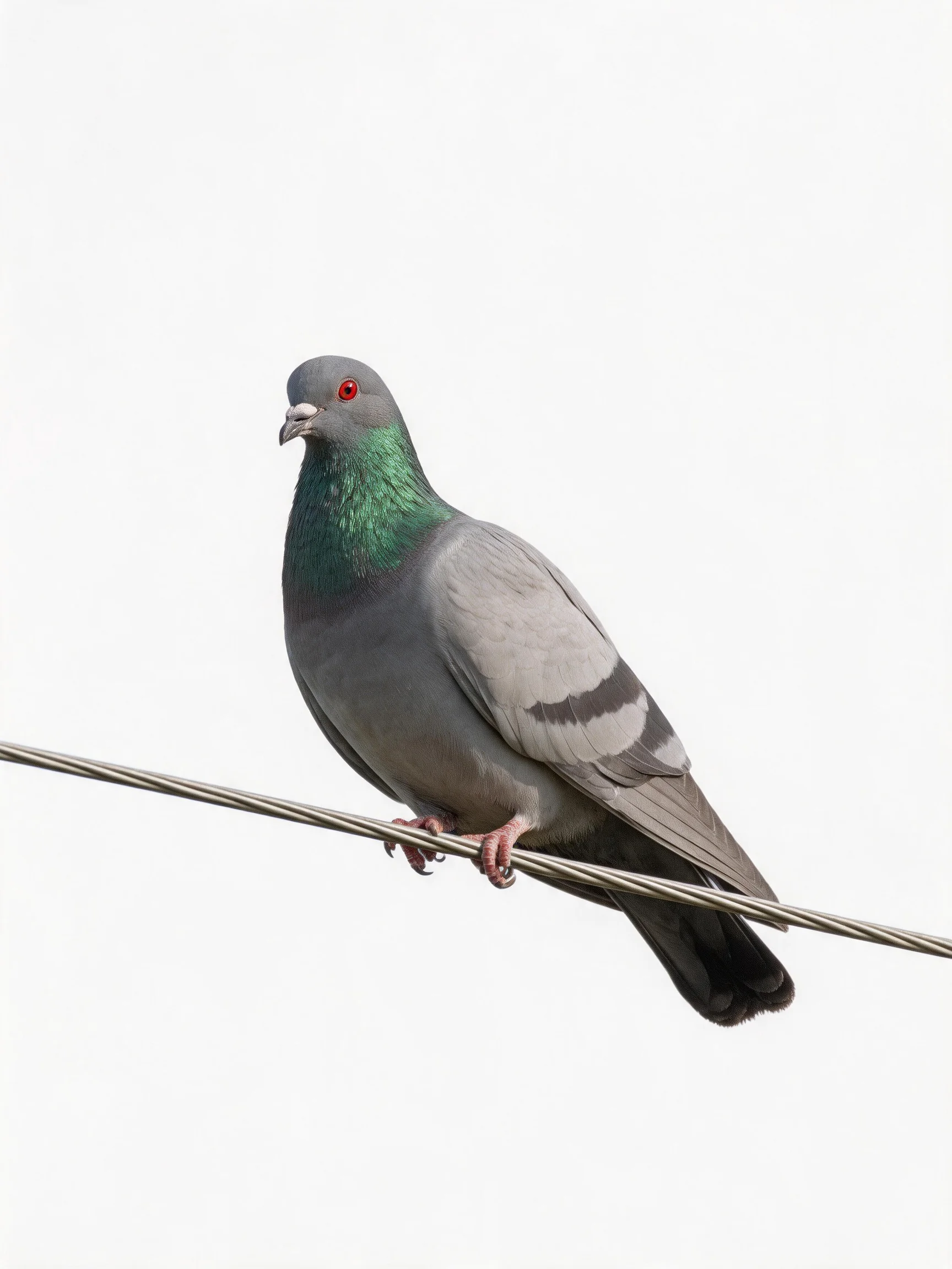 Gray pigeon with green iridescent neck perched on a wire