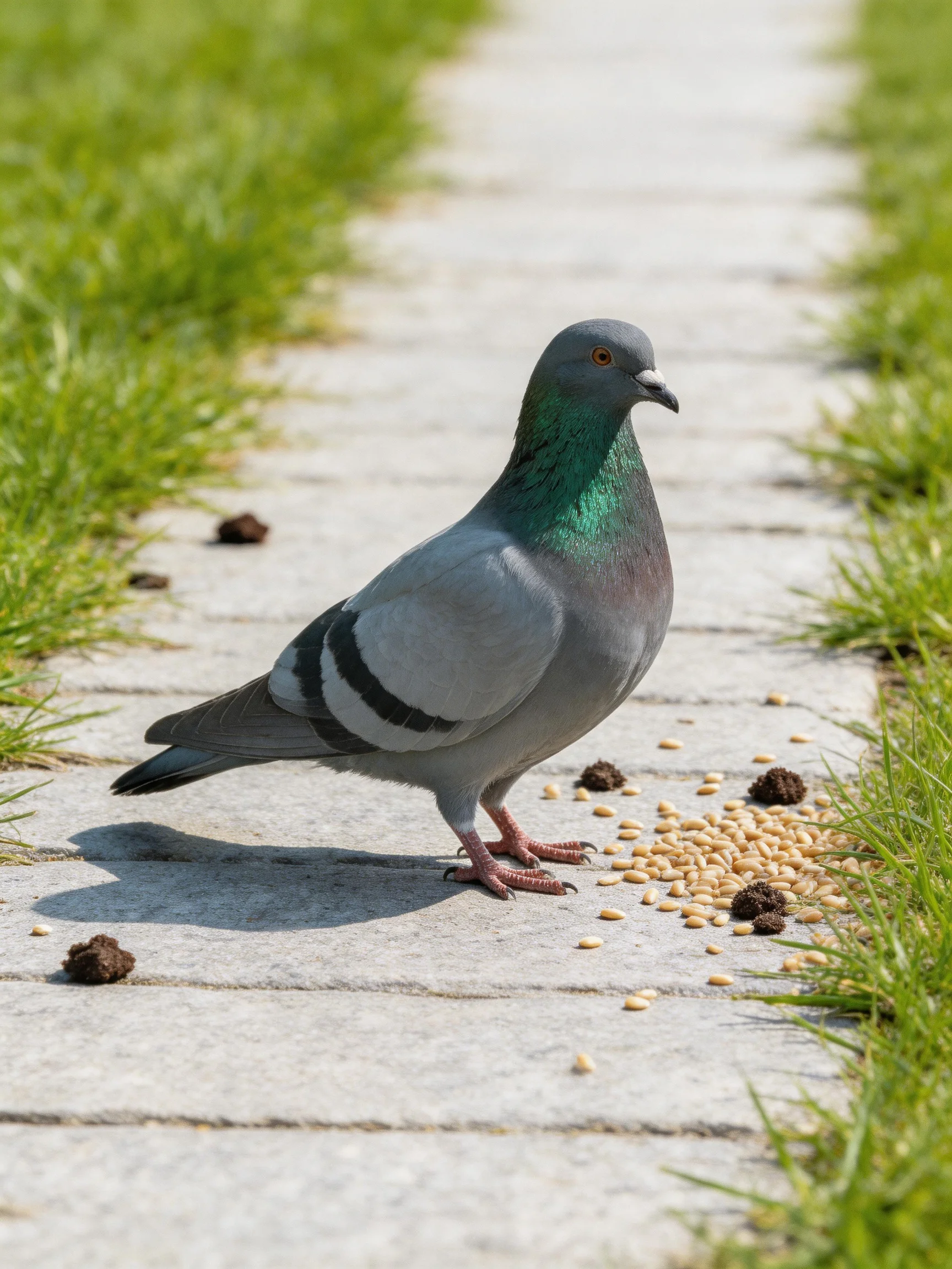 Gray pigeon with green neck near scattered seeds on stone path.