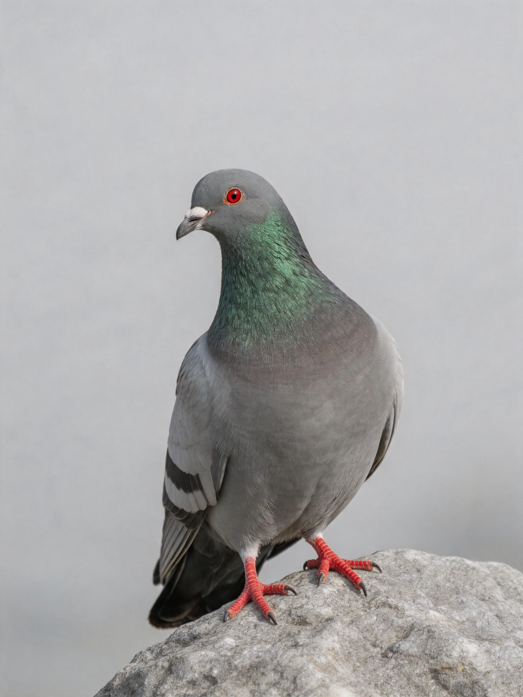 Gray pigeon with green neck perched on a rocky surface