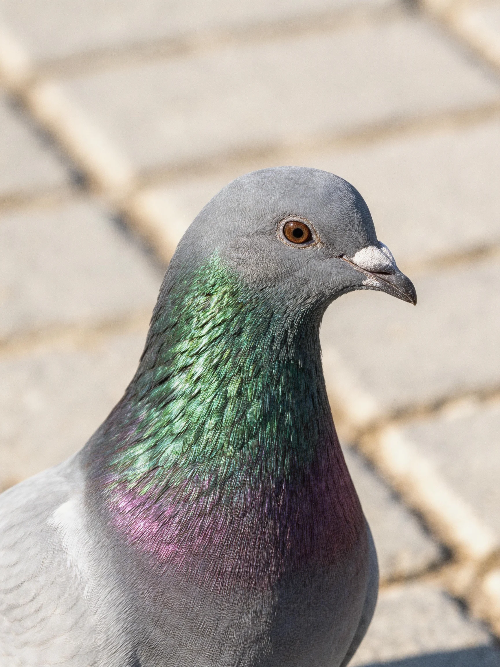 Gray pigeon with iridescent green - purple neck on stone pavement