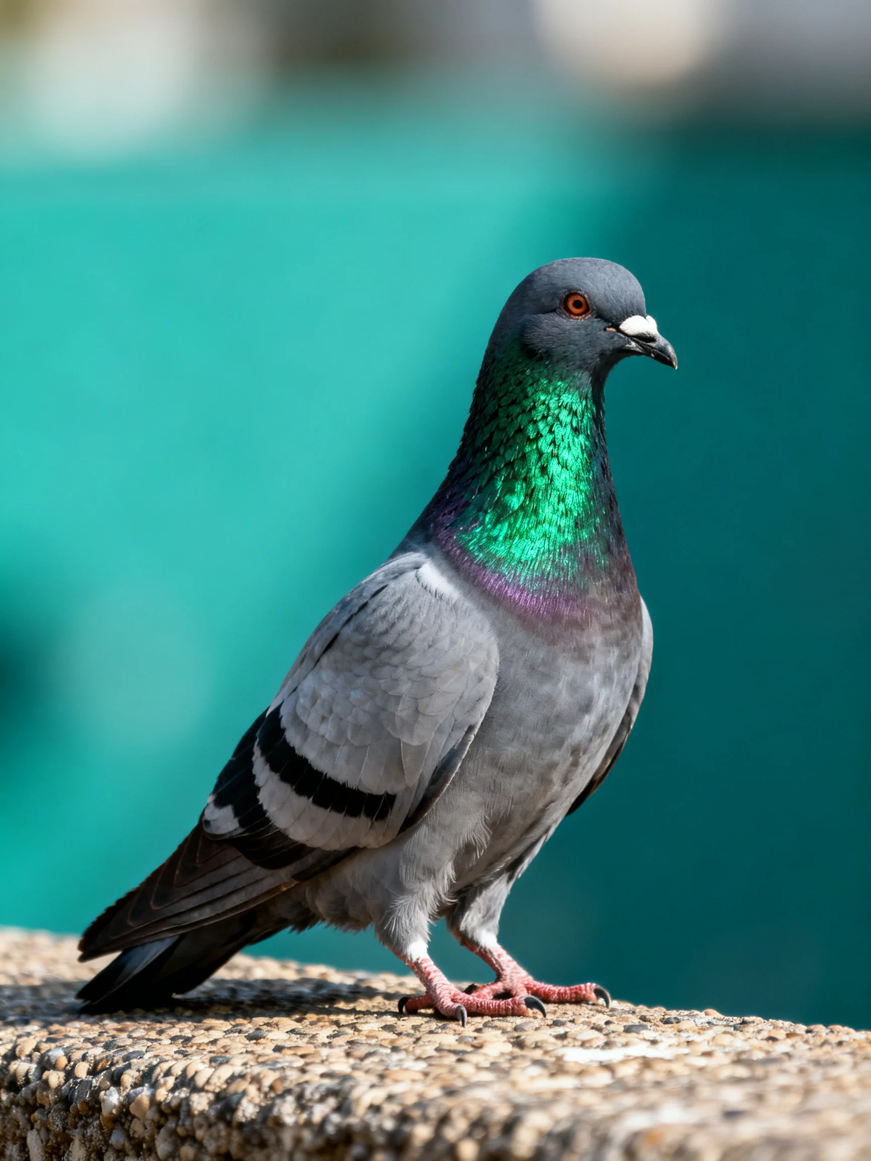 Gray pigeon with iridescent green and purple neck perched on textured stone