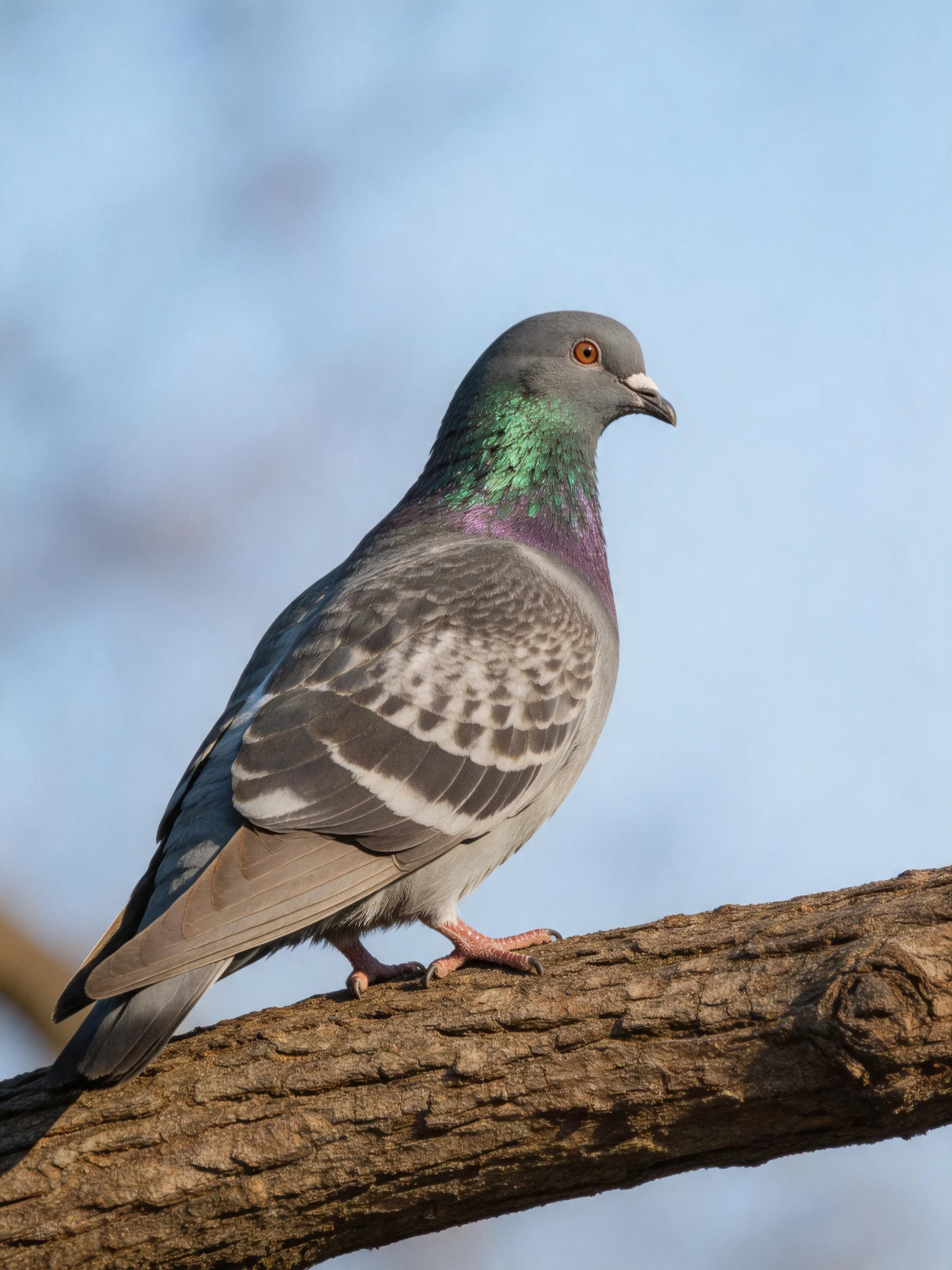 Gray pigeon with iridescent green and purple plumage perched on a tree branch