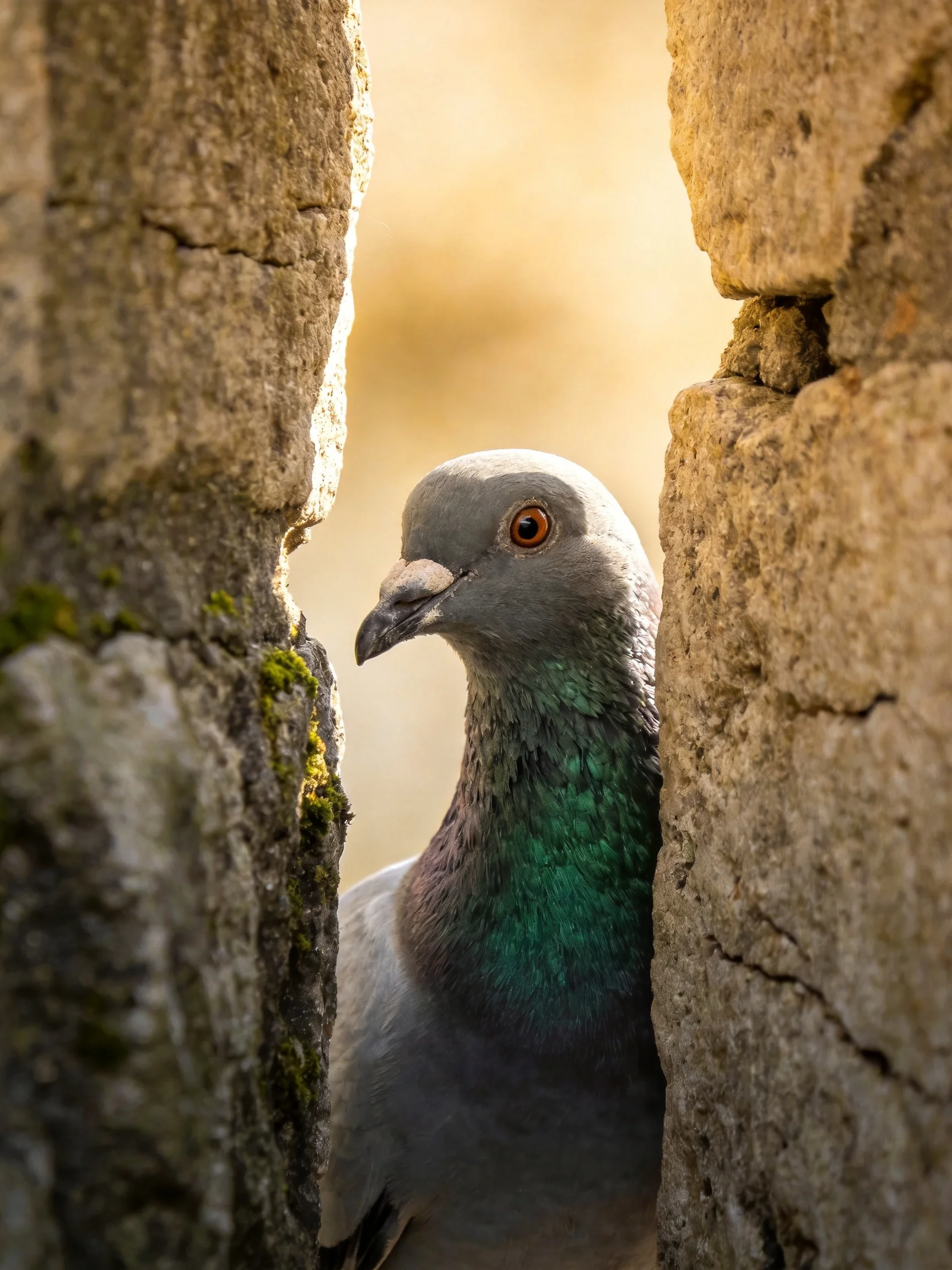 Gray pigeon with iridescent green neck among ancient stone formations
