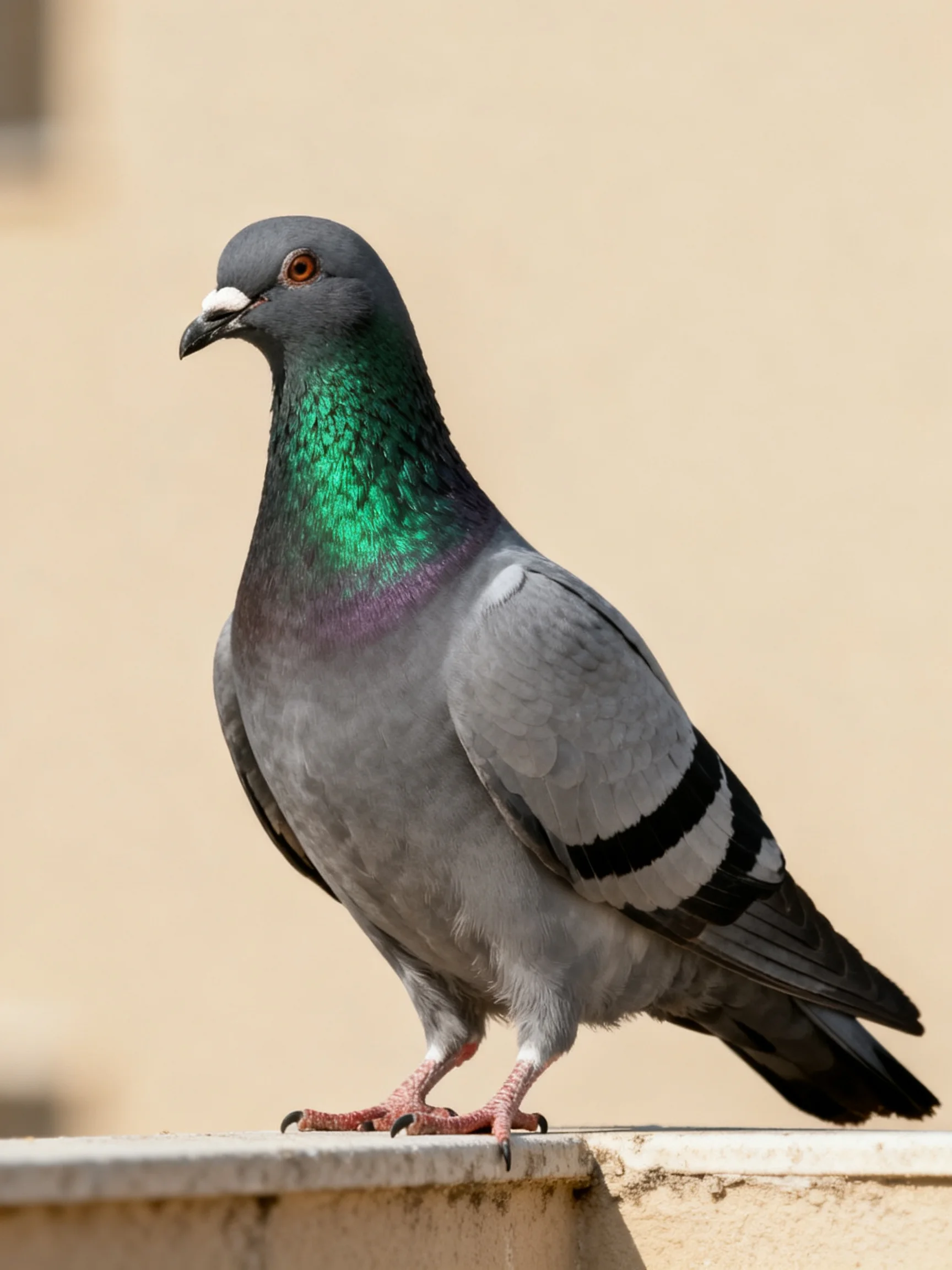 A gray pigeon with an iridescent green neck perches on a structure.