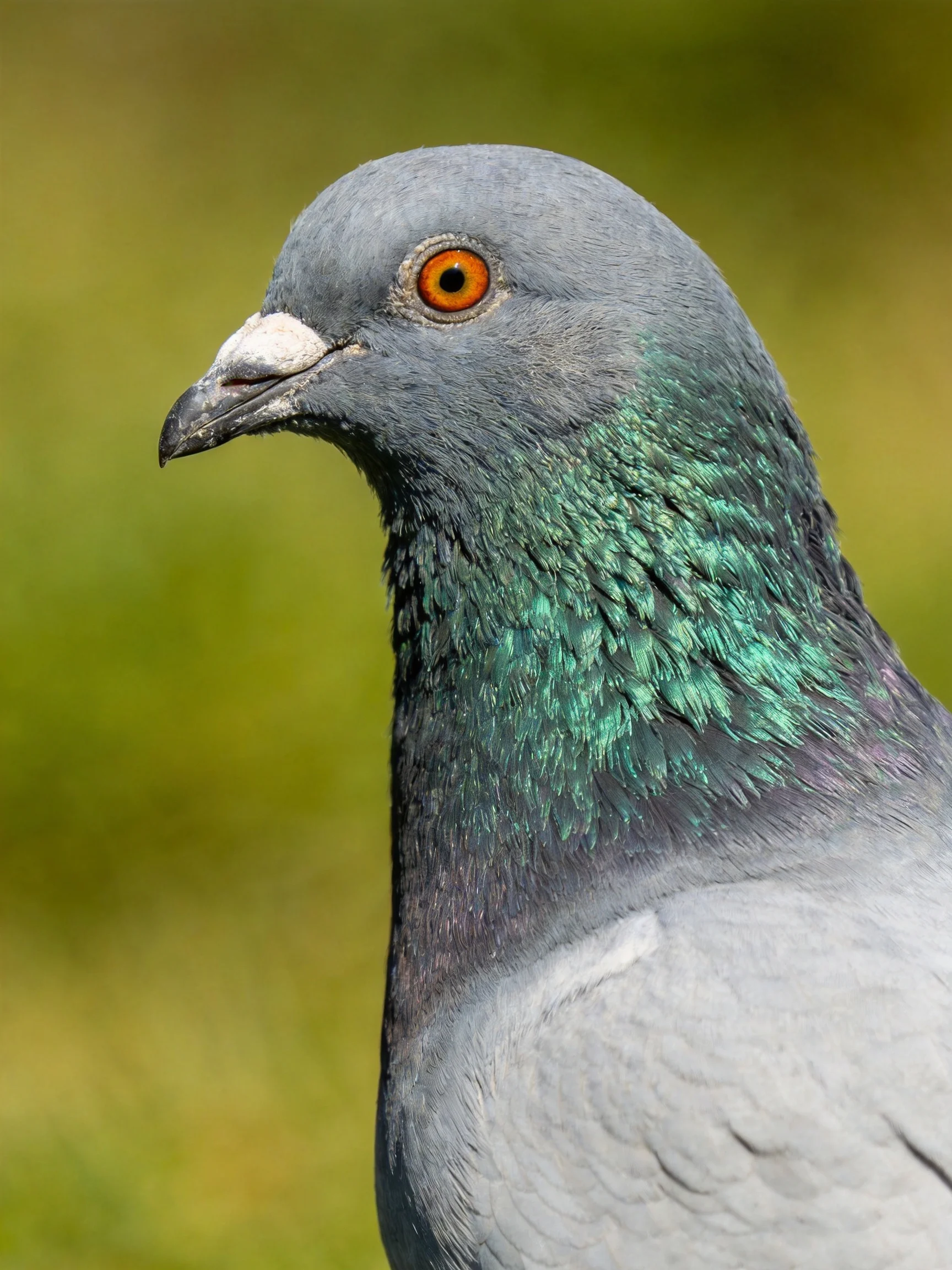 Gray pigeon with iridescent green neck and bright orange eye