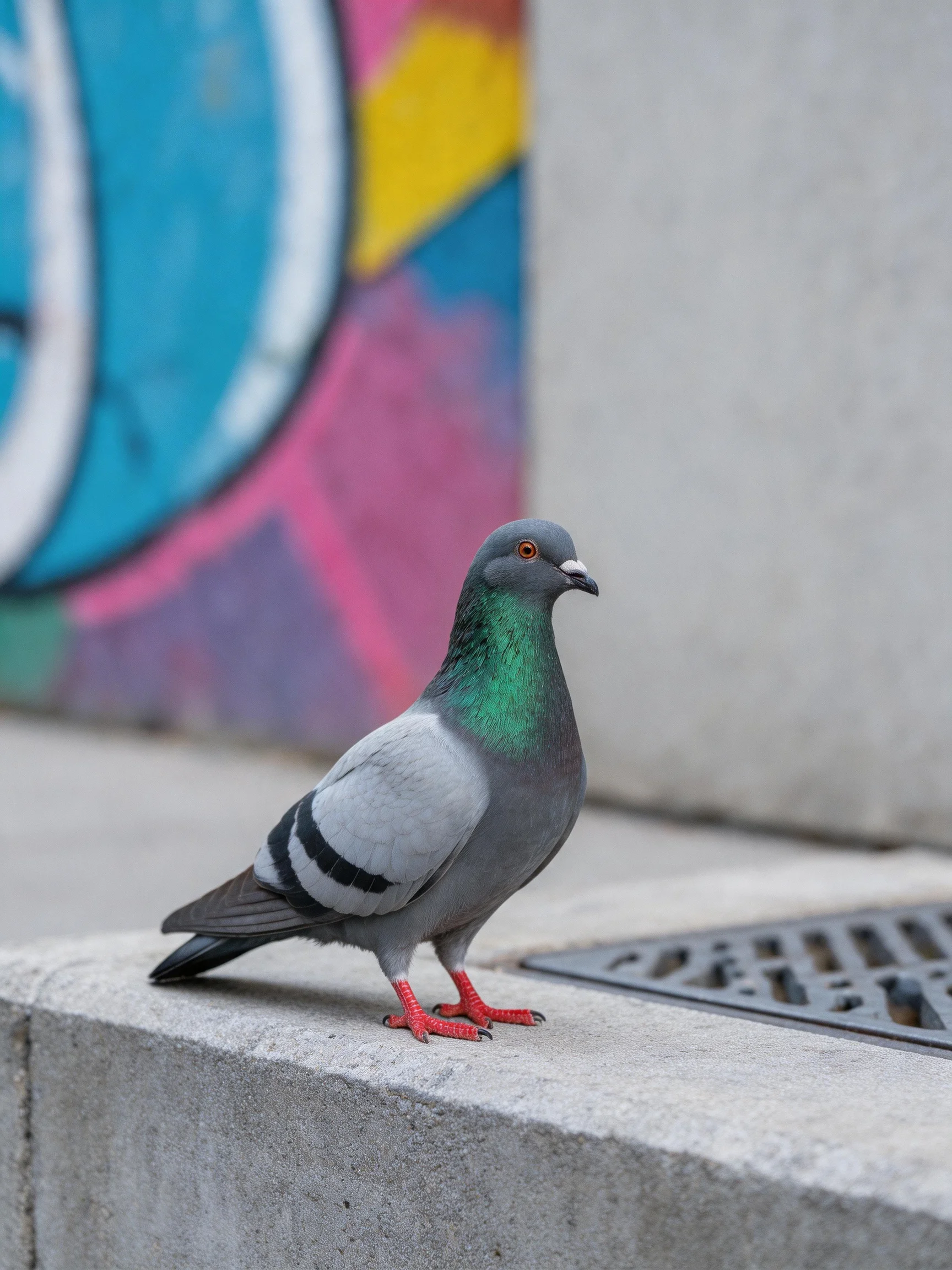 Gray pigeon with iridescent green neck by vibrant street art on concrete