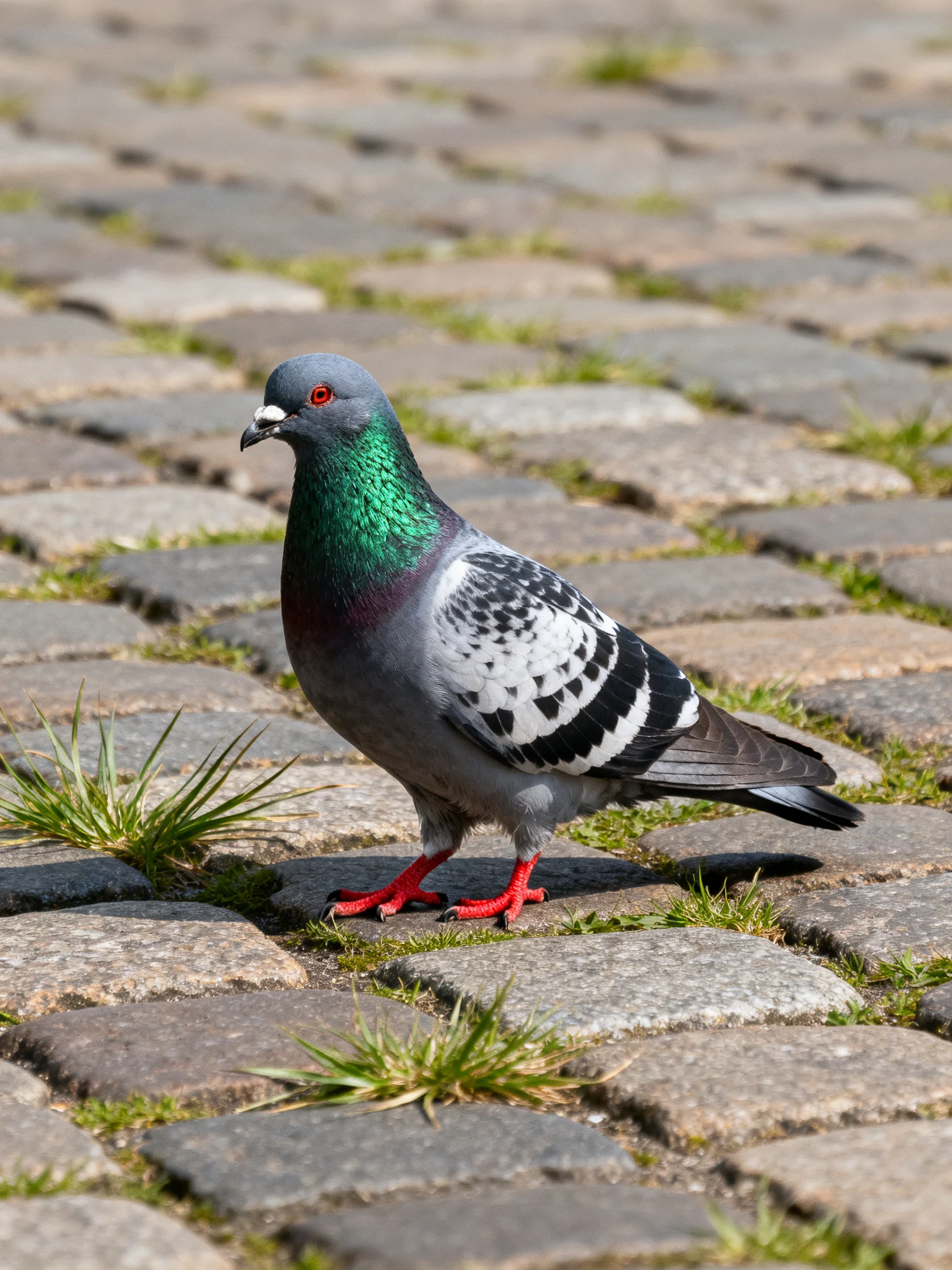 Gray pigeon with iridescent green neck on cobblestone pavement