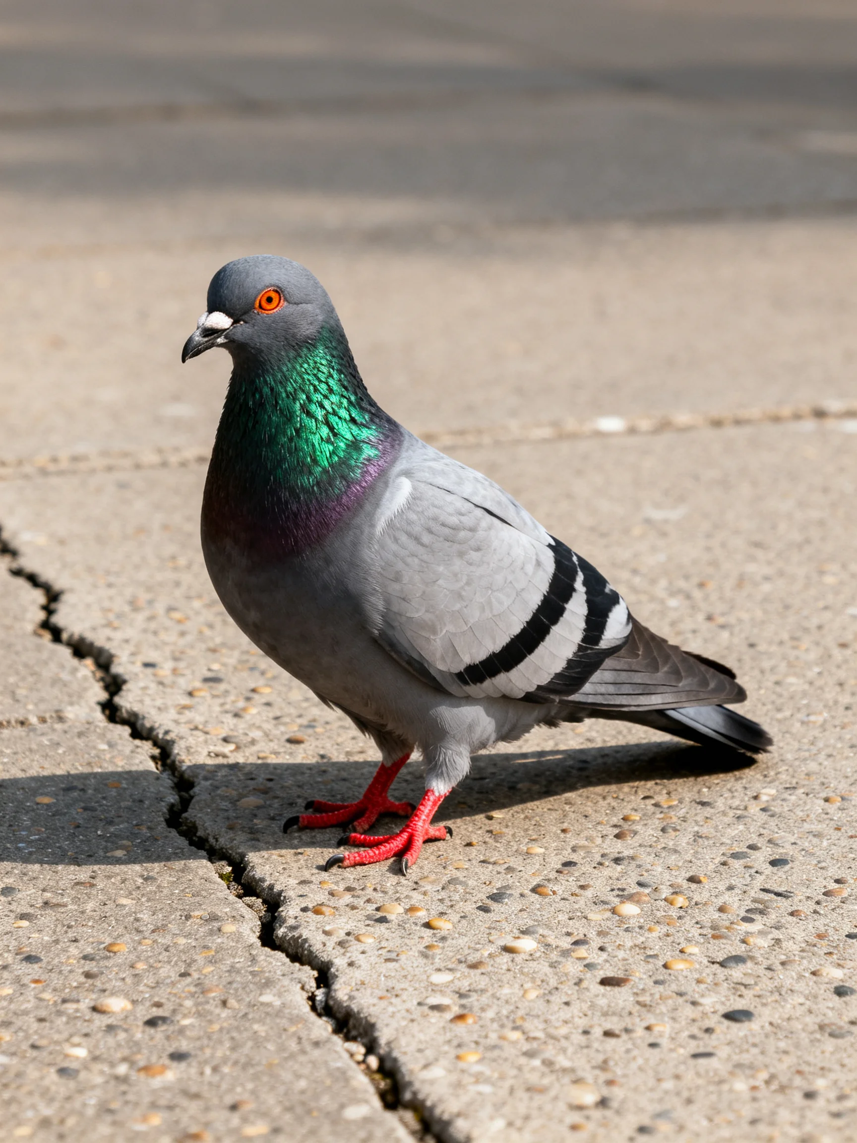 Gray pigeon with iridescent green neck on cracked concrete