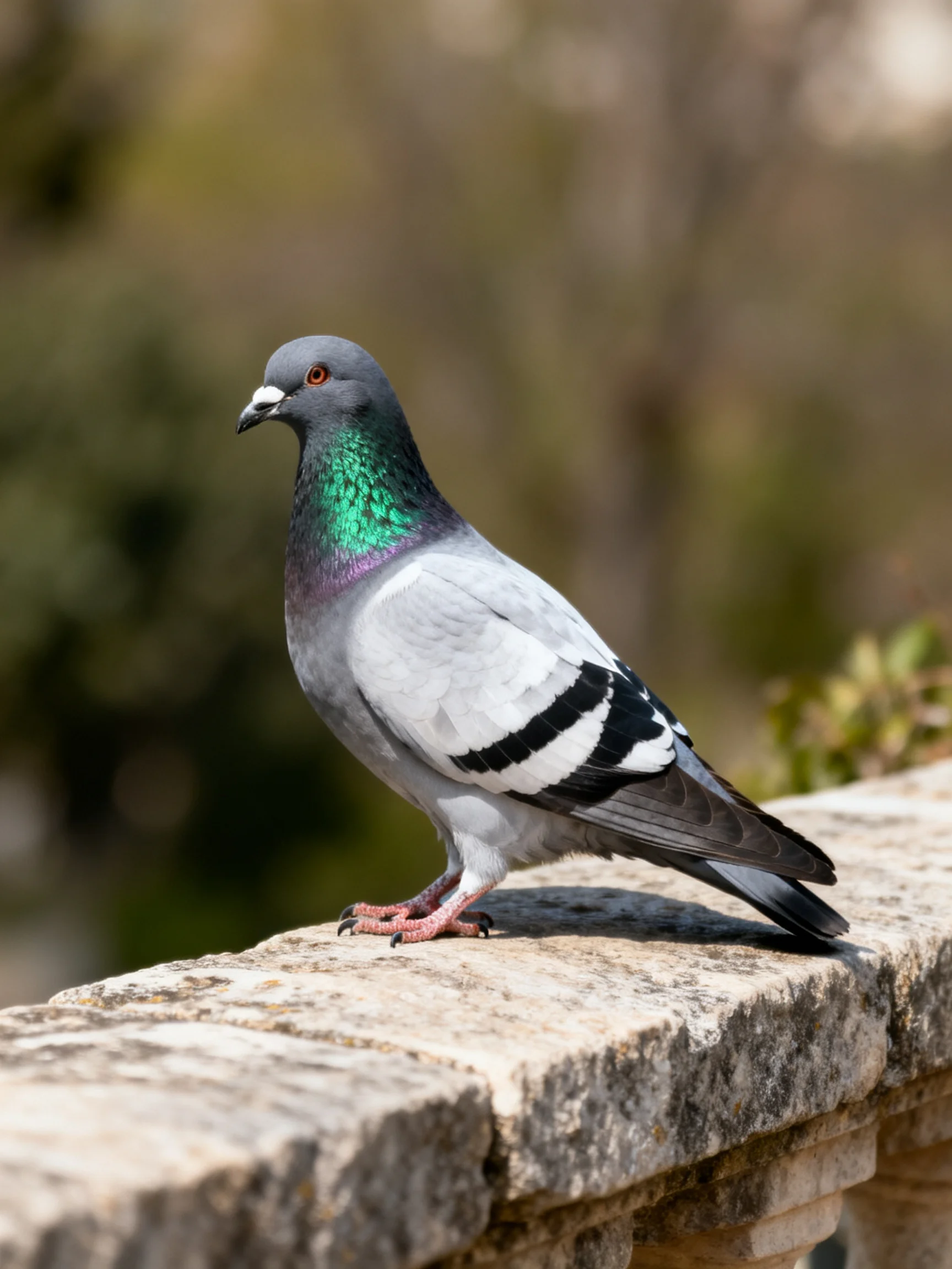 Gray pigeon with iridescent green neck on weathered stone ledge