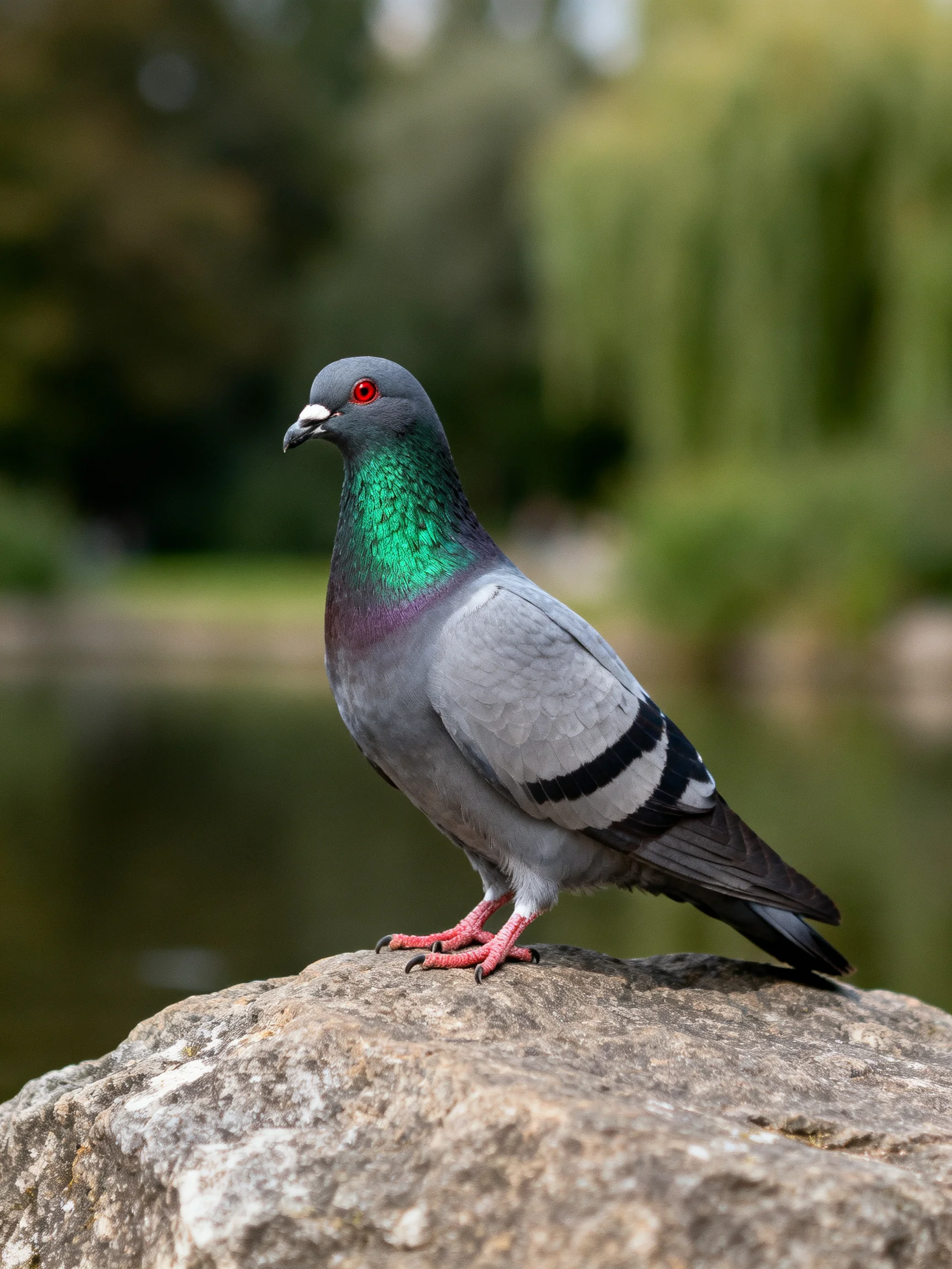 Gray pigeon with iridescent green neck perched on a rock by calm water