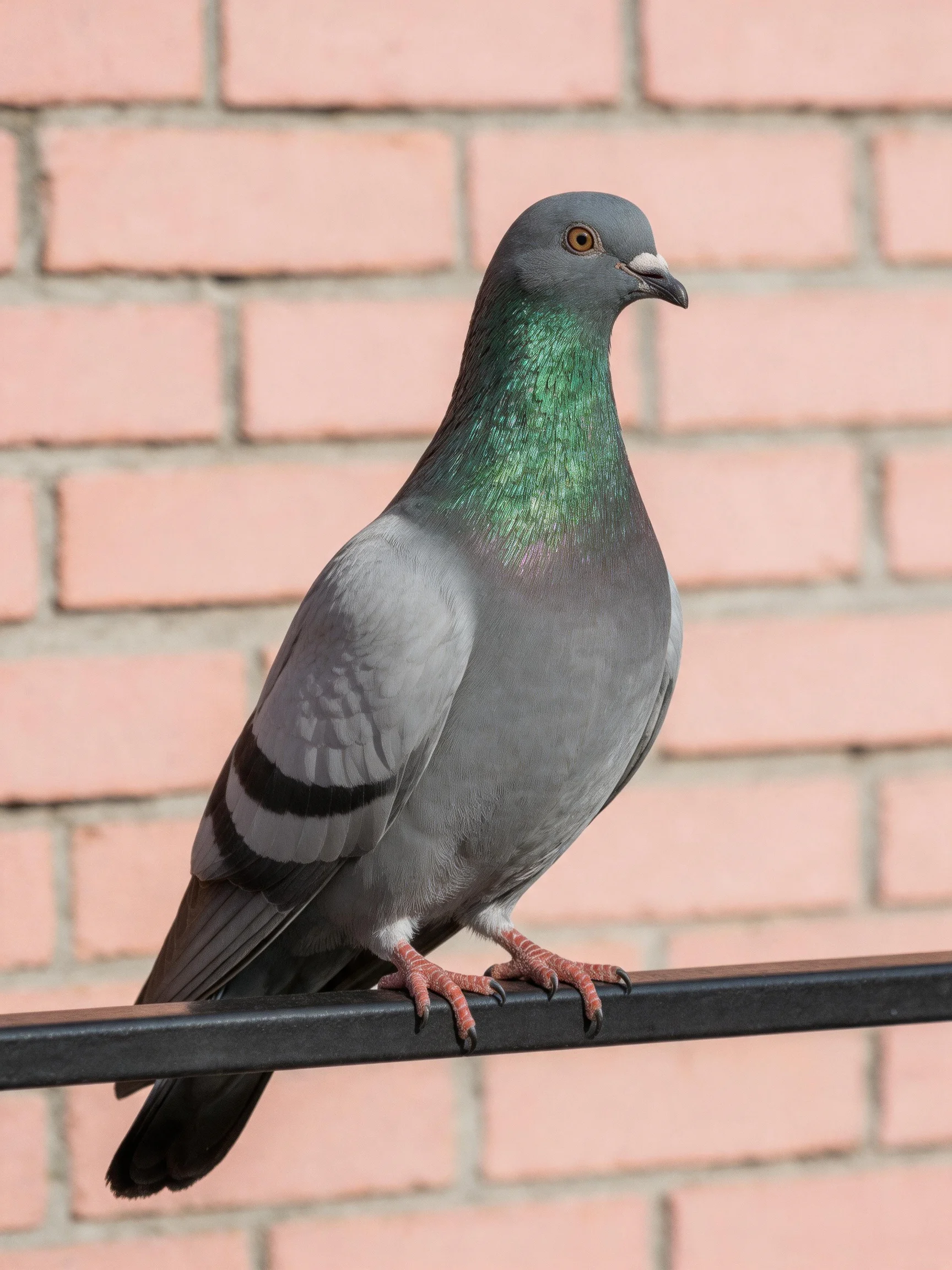 A gray pigeon with an iridescent green neck rests on a black bar beside a pink brick wall.
