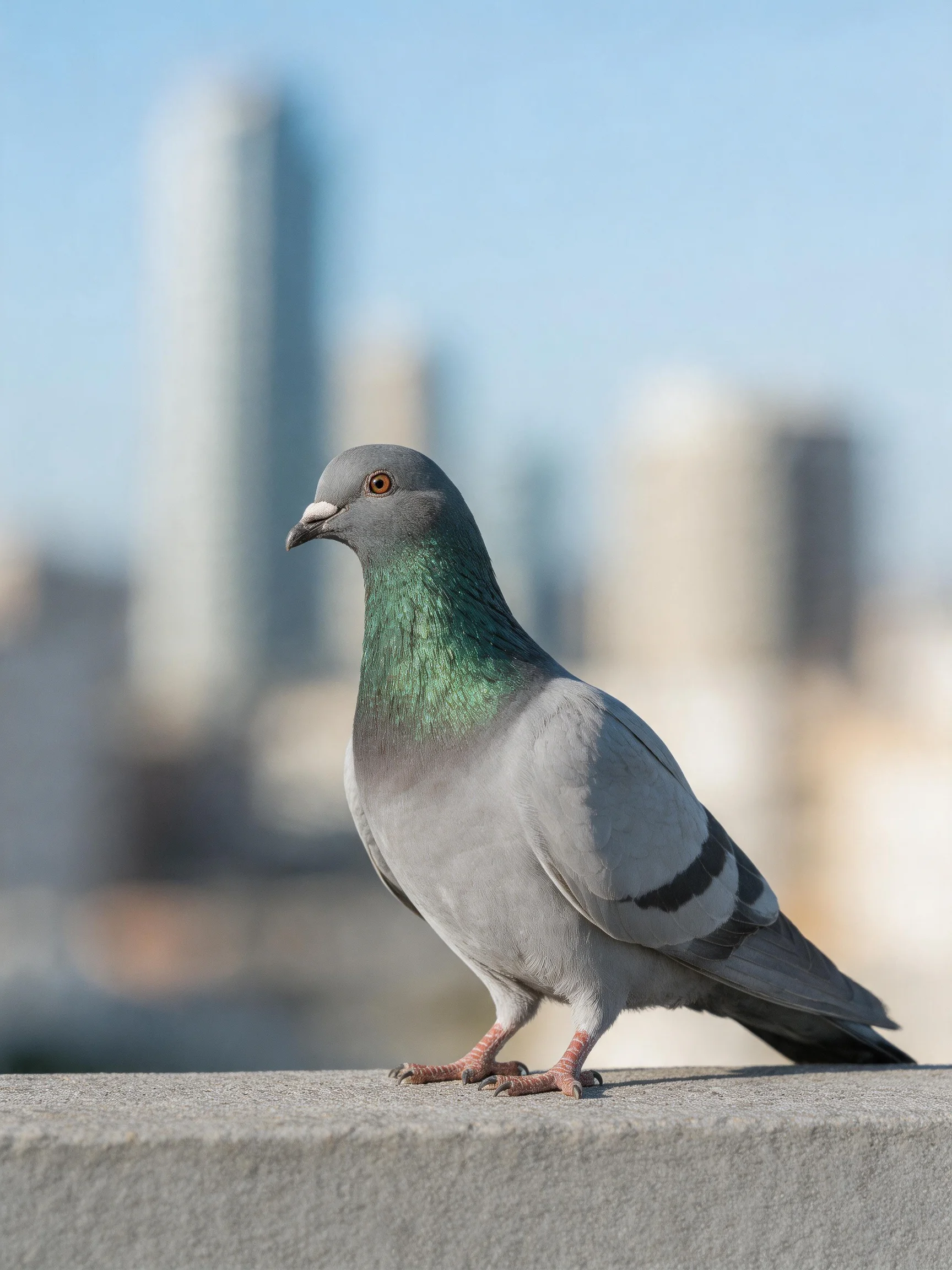 Gray pigeon with iridescent green neck perched on concrete ledge near city skyline