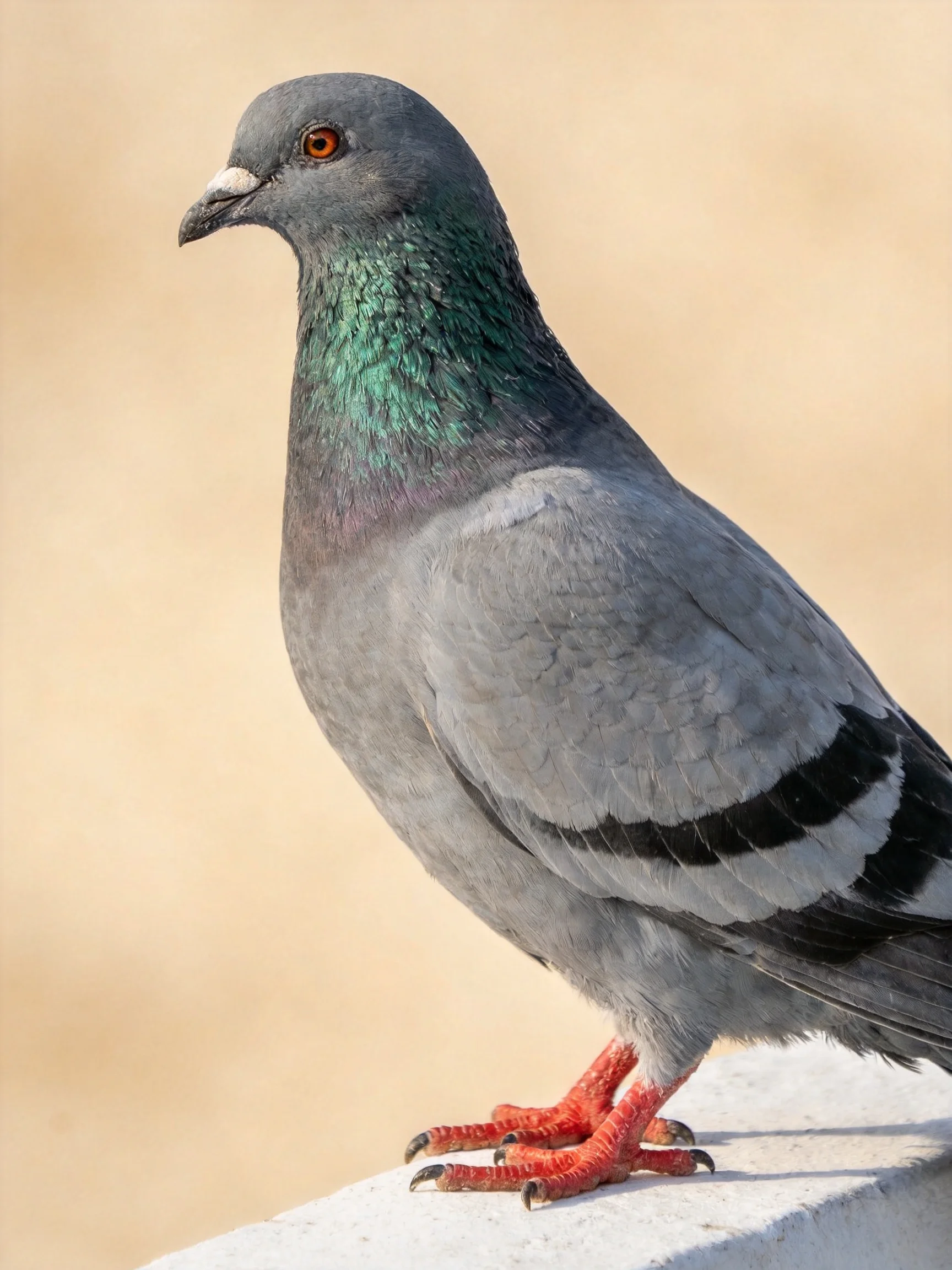 Gray pigeon with iridescent green neck perched on white ledge