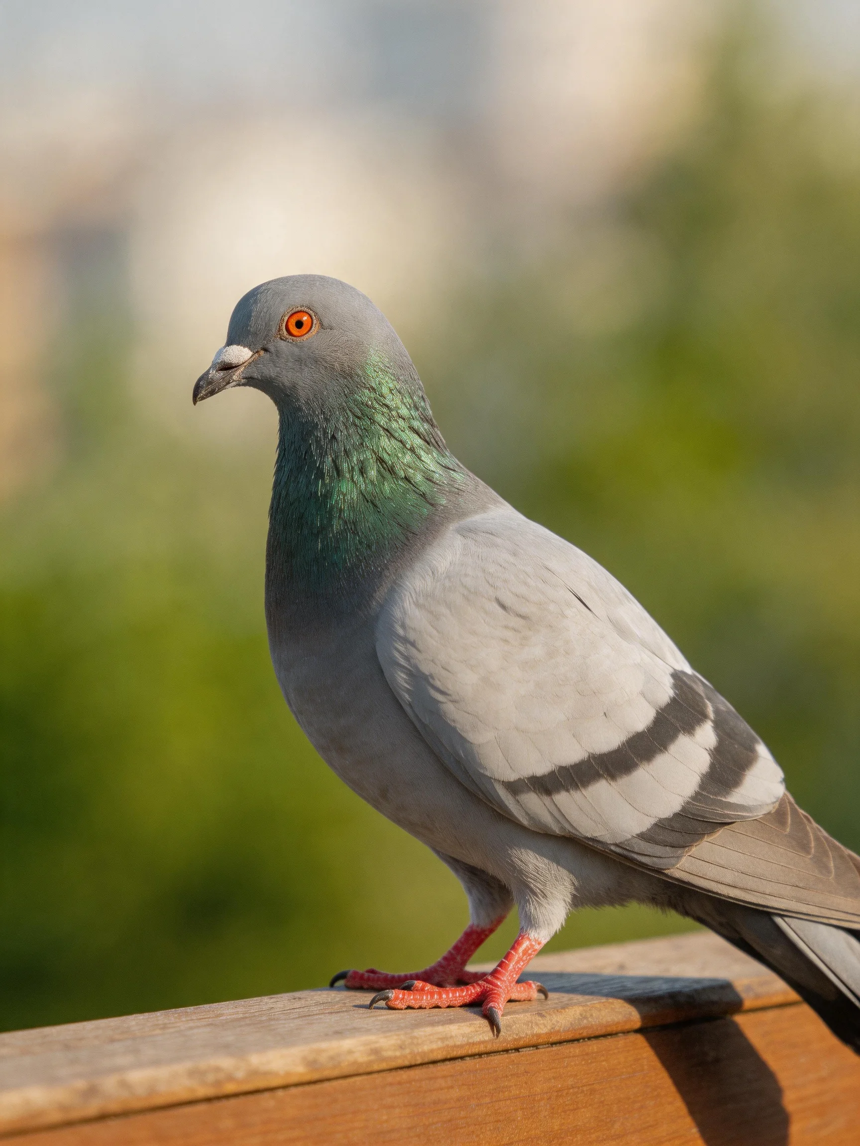 Gray pigeon with iridescent green neck perched on wooden railing