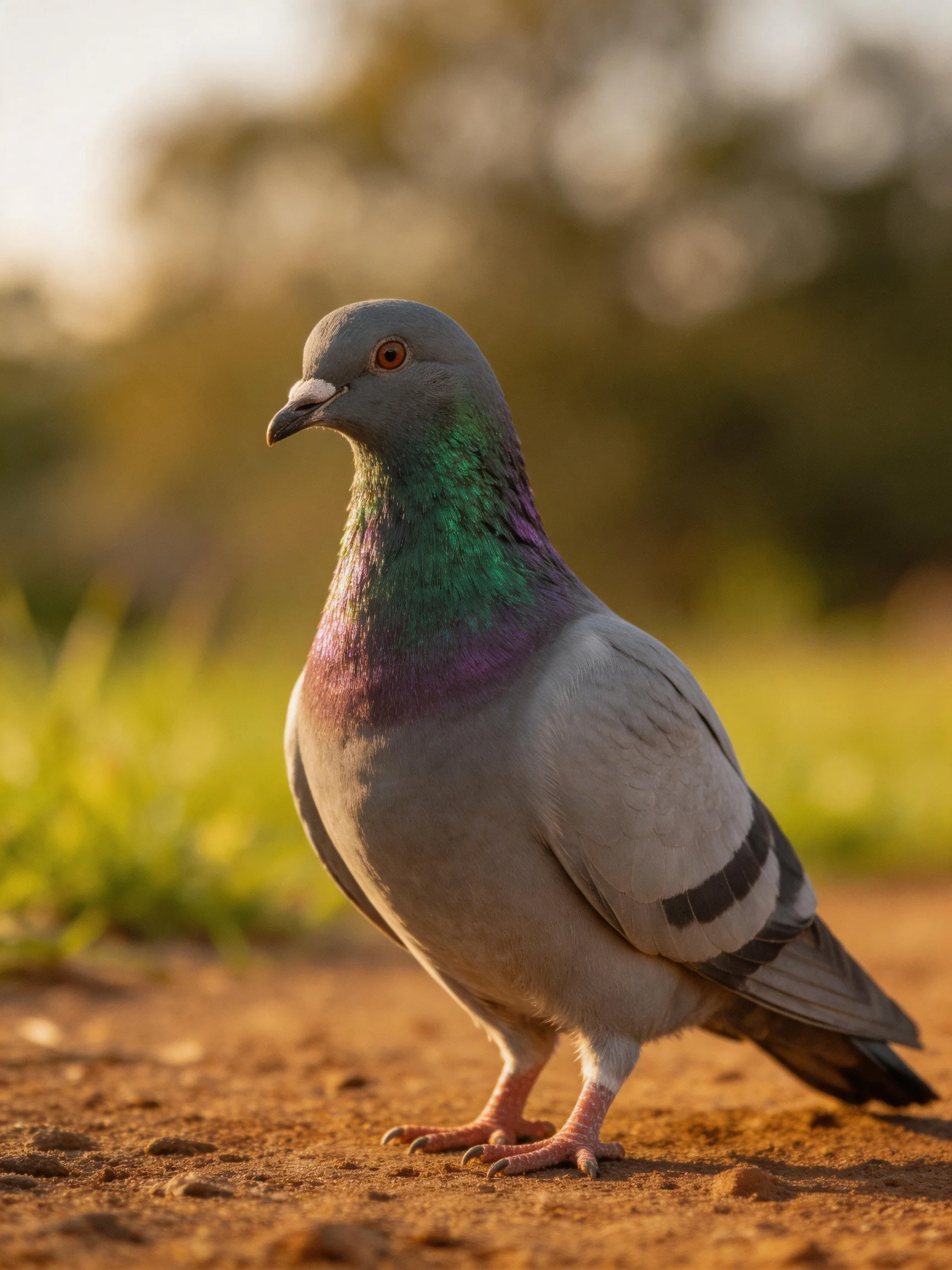 Gray pigeon with iridescent green-purple neck on reddish dirt near blurred greenery