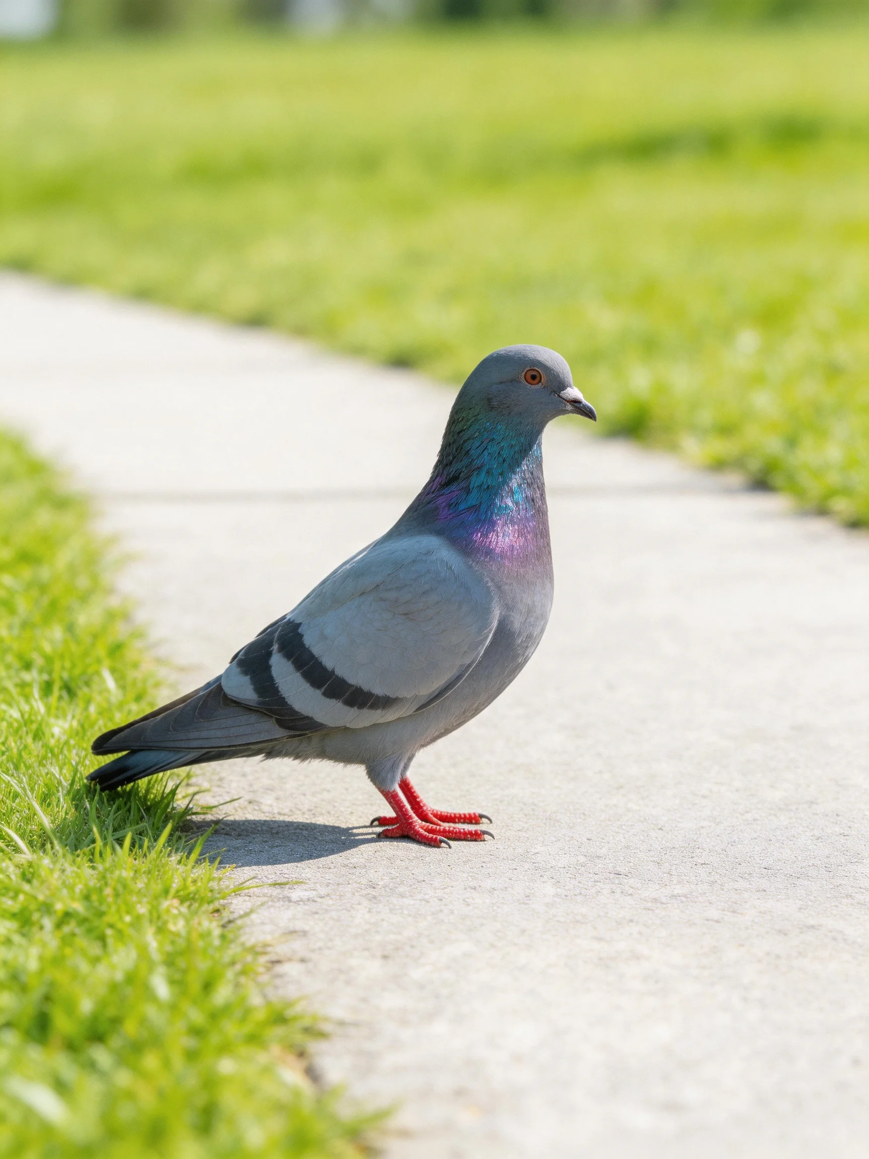 A gray pigeon with colorful neck feathers stands on a concrete path beside green grass.